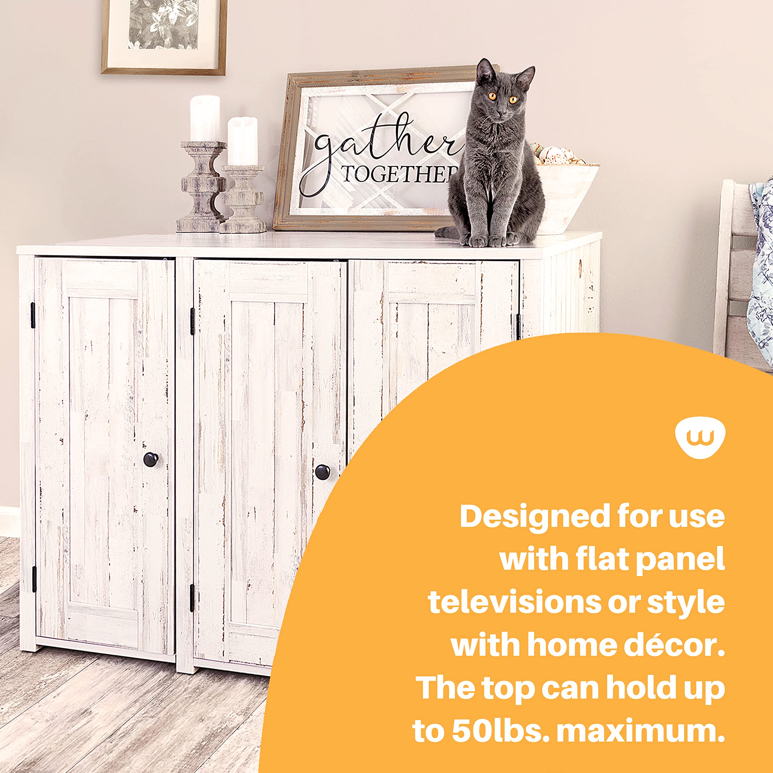 Whisker Litter-Robot Credenza With Litter Box Enclosure, Rustic White Plank Finish, 43.2    W X 28.1    D X 33.1    H, Stylish A