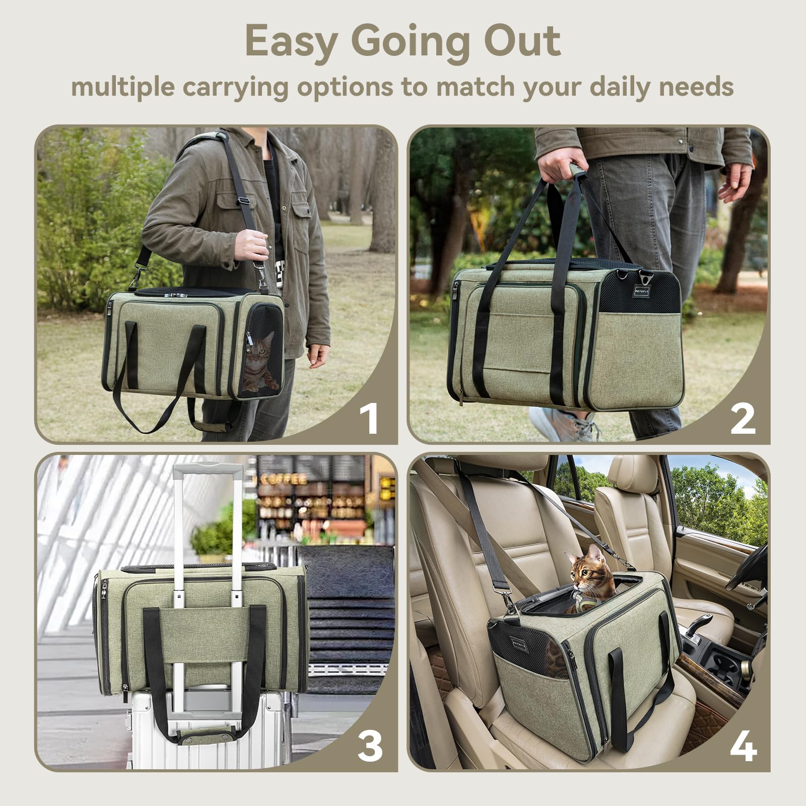 Petsfit 16 Expandable Rabbit Carrier - Airline Approved, Green, Soft Washable Cushion, Self-Locking Zipper, Built-in Safety Rope, Travel Friendly