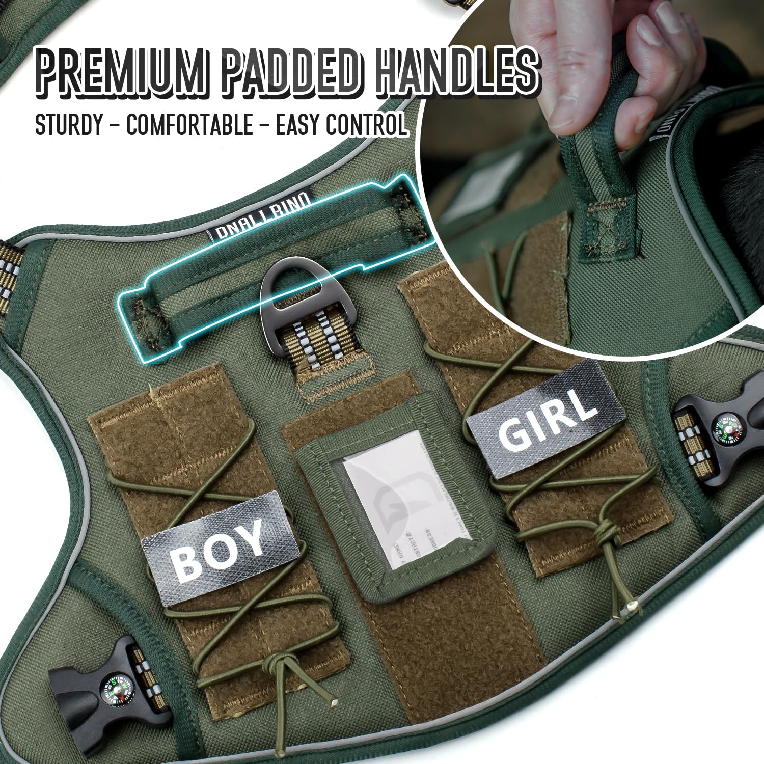 Dnallrino Tactical Dog Harness For Medium Large Dogs, Green Dog Harness With Id Card, Reflective Hiking Harness For Training Eas