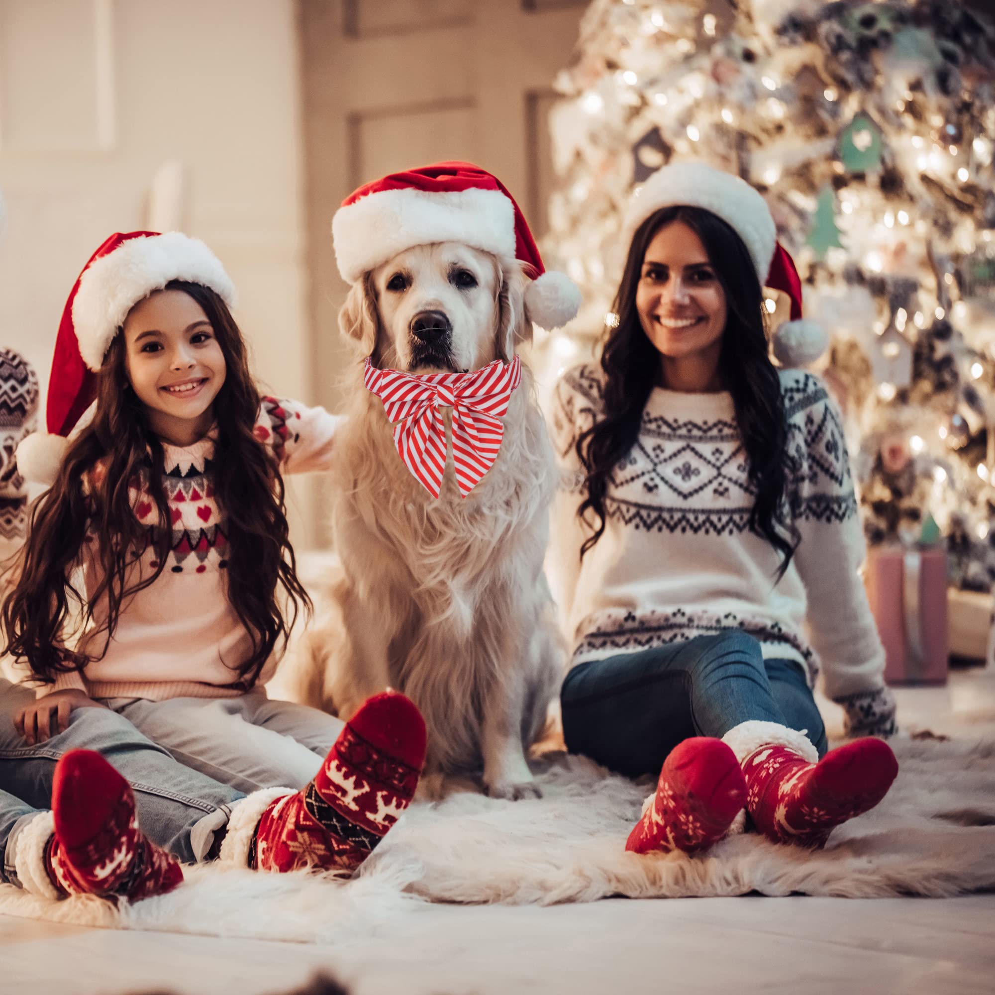 Adoggygo Christmas Dog Collar With Bow, Adjustable Cotton Stripe Bowtie Dog Christmas Collars For Small Medium Large Dogs Pets (Large, Red & White)