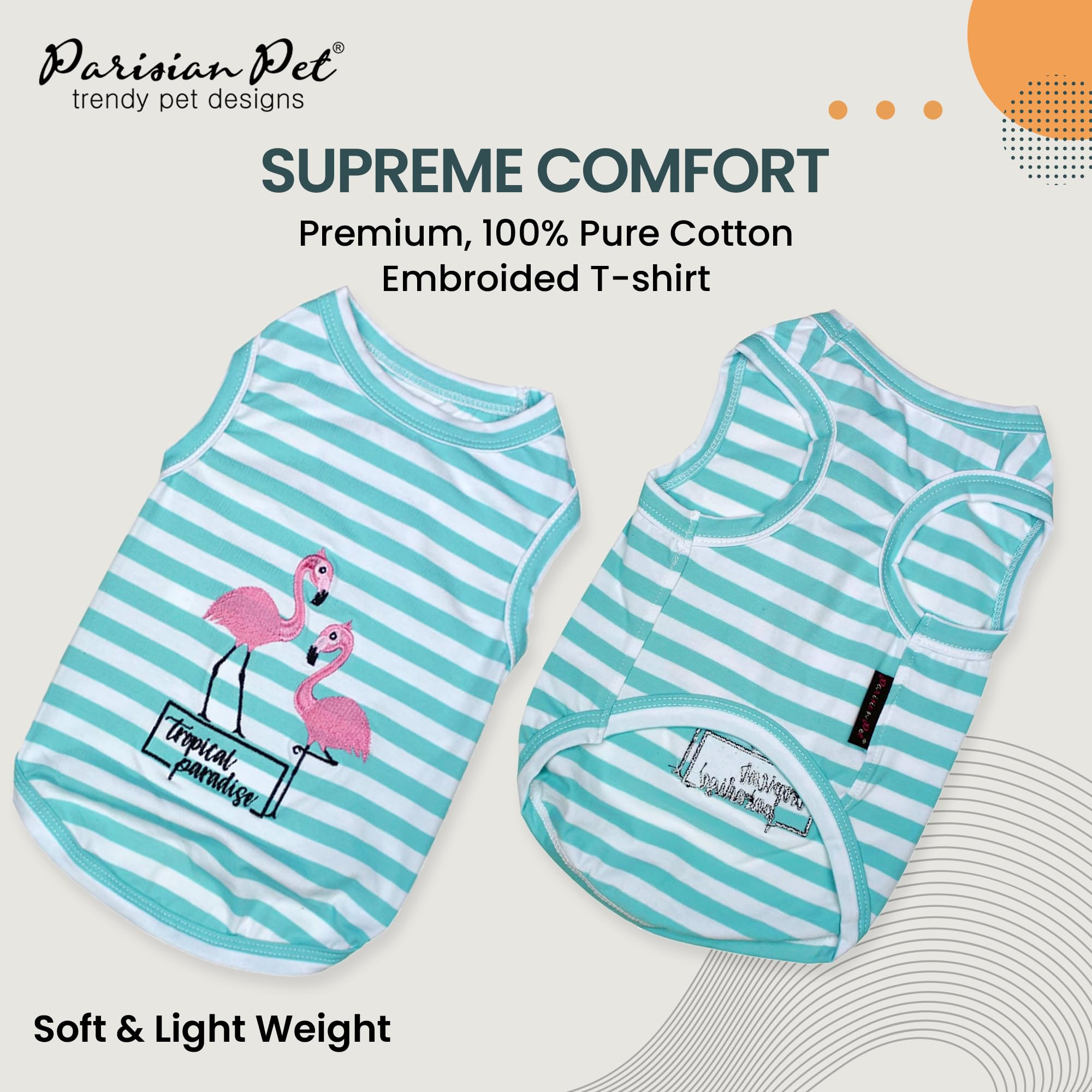 Parisian Pet Dog Tshirt - Embroidered  Flamingos  Tank Top - 100% Cotton And Lightweight Dog Clothes - Sleeveless Tee Shirts - M