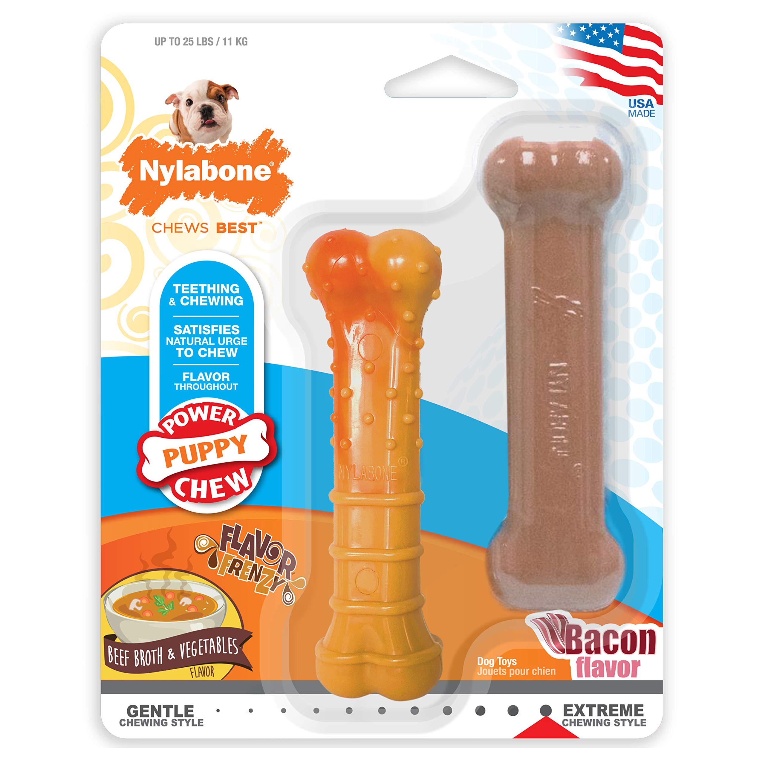 Nylabone Puppy Power Chew Toy - Tough And Durable Puppy Chew Toy For Teething - Puppy Supplies - Bacon & Beef Broth Flavor, Small (2 Count)