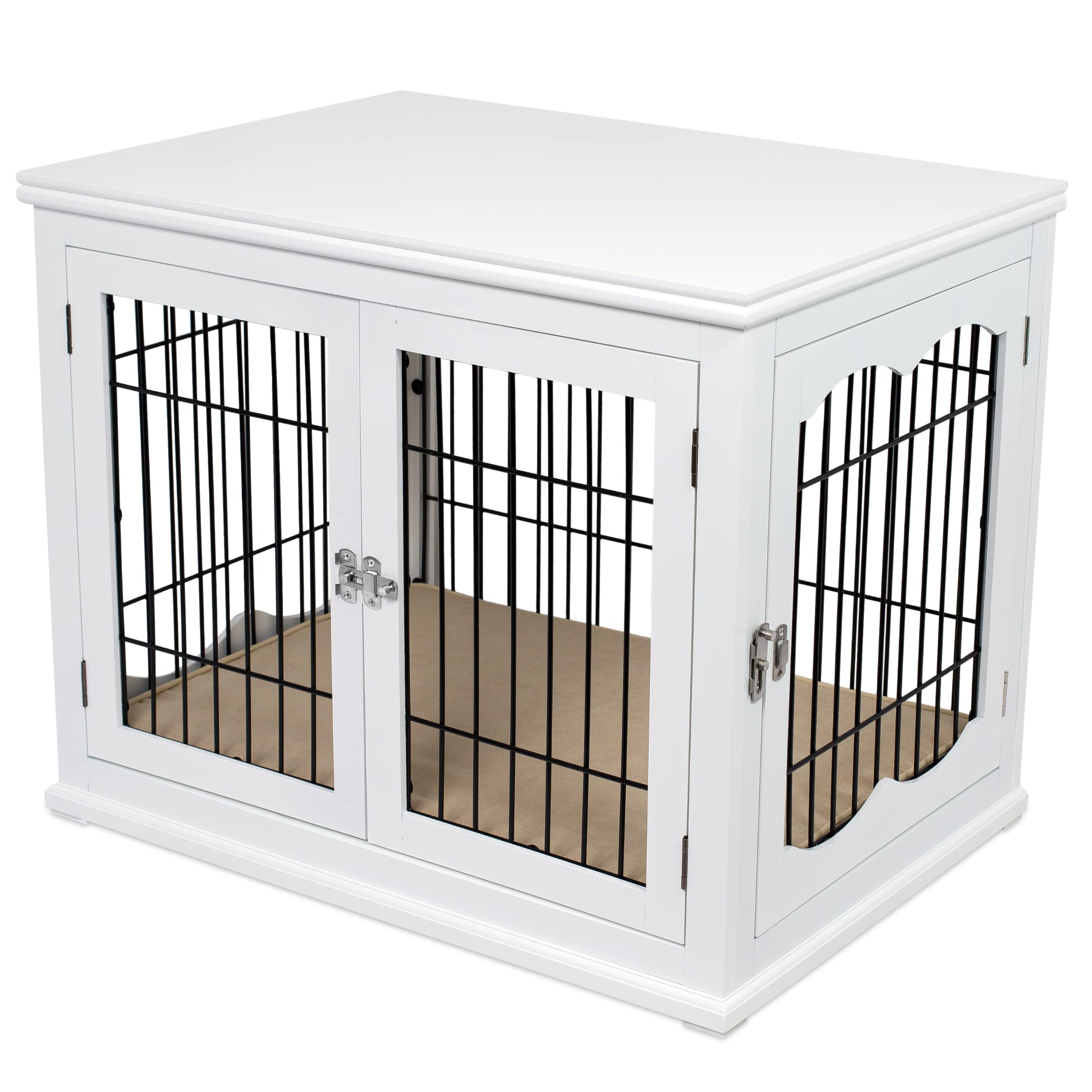 Birdrock Home Decorative Dog Kennel With Pet Bed - Small Indoor Pet Crate, Double Door Design, Engineered Wood & Metal Wire, Fur