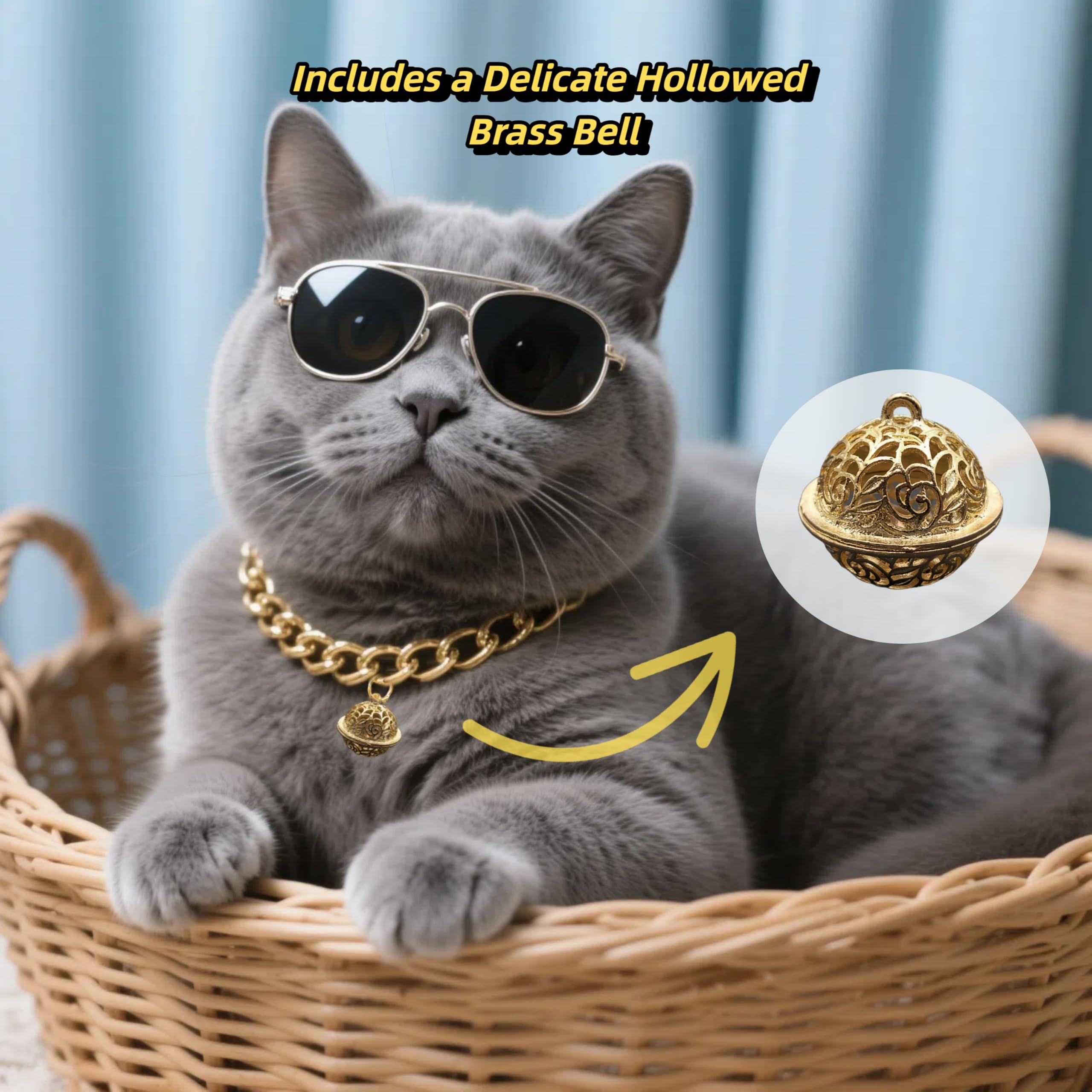 Cwyza Gold Cat Chain Collar With Bell - Lightweight Metal Collar For Gifts, Adjustable Cuban Jewelry For Cats & Dogs (Gold, S)