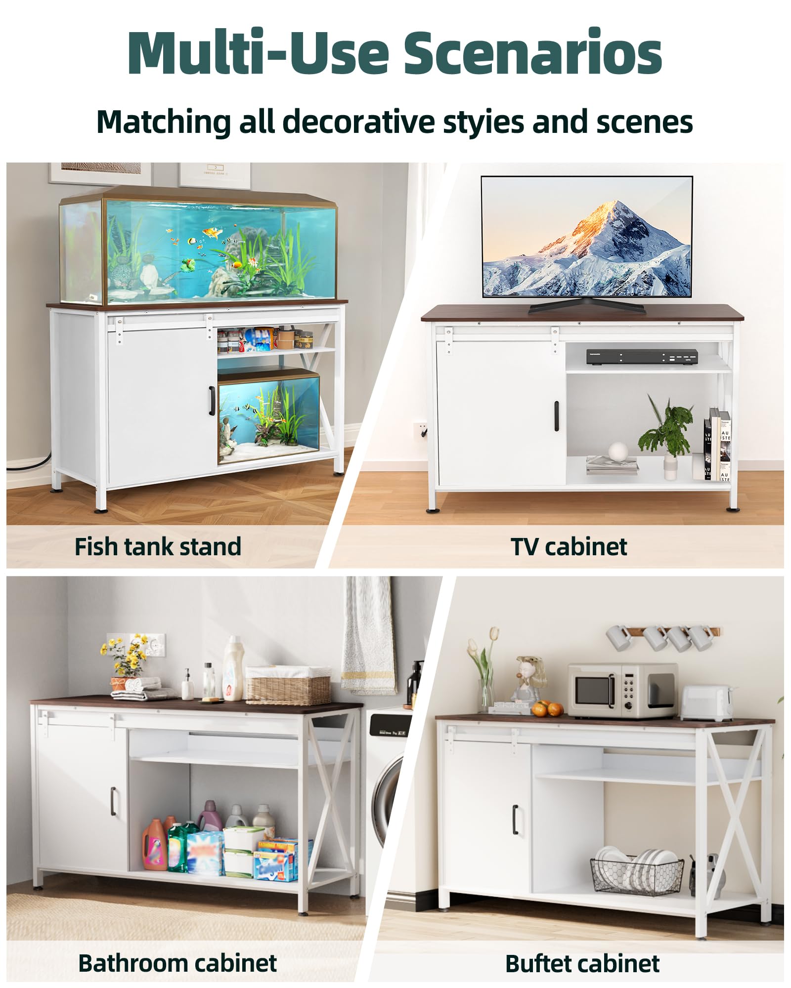 FILKO Aquarium Stand for 55-75 Gallon Tanks, Heavy Duty Metal, White, Model YGG3334-A, with Sliding Door and Power Outlet