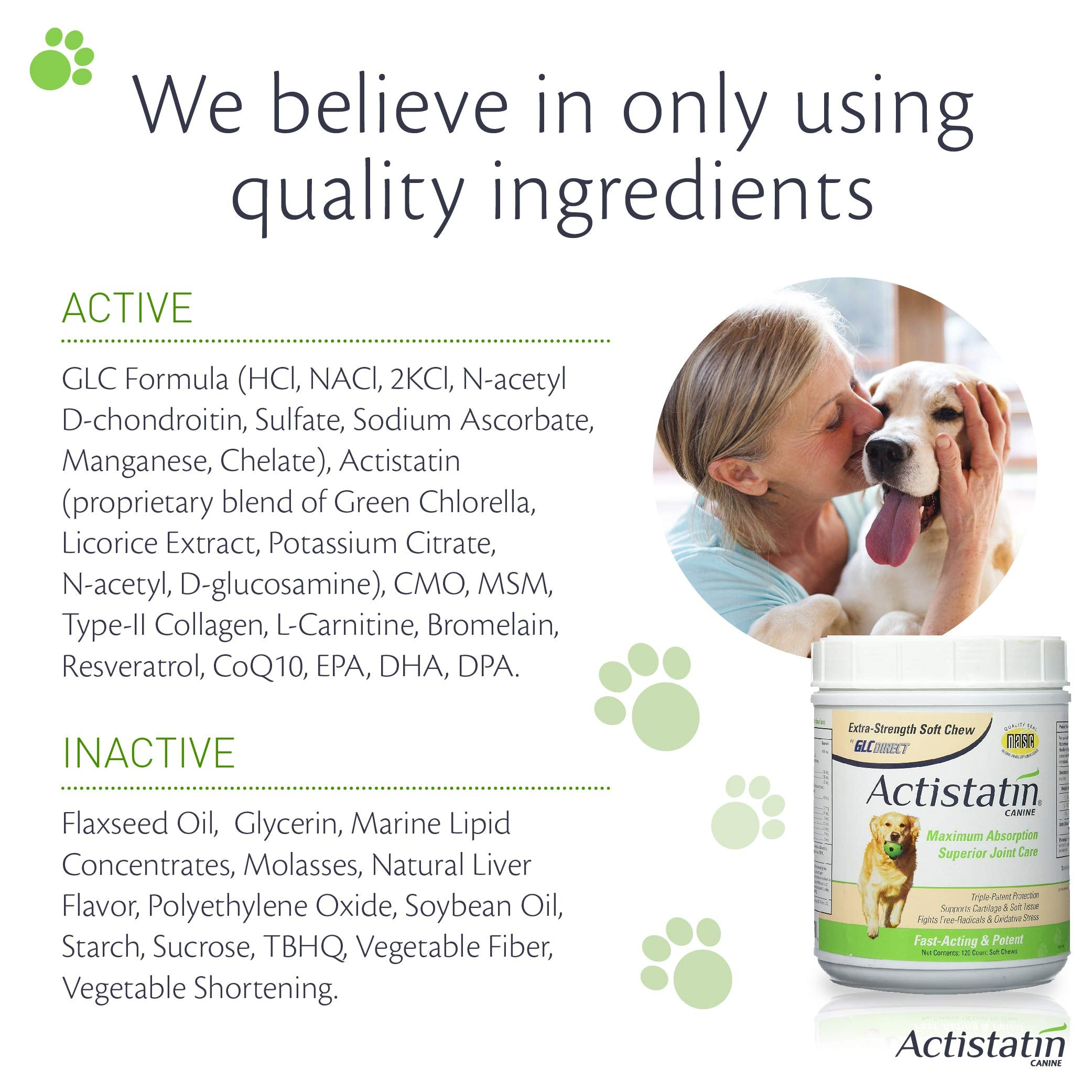 Actistatin Canine Large Dog Soft Chews, 120ct - Patented Extra-Strength Joint, Cartilage, Soft Tissue Supplement: Glucosamine, C