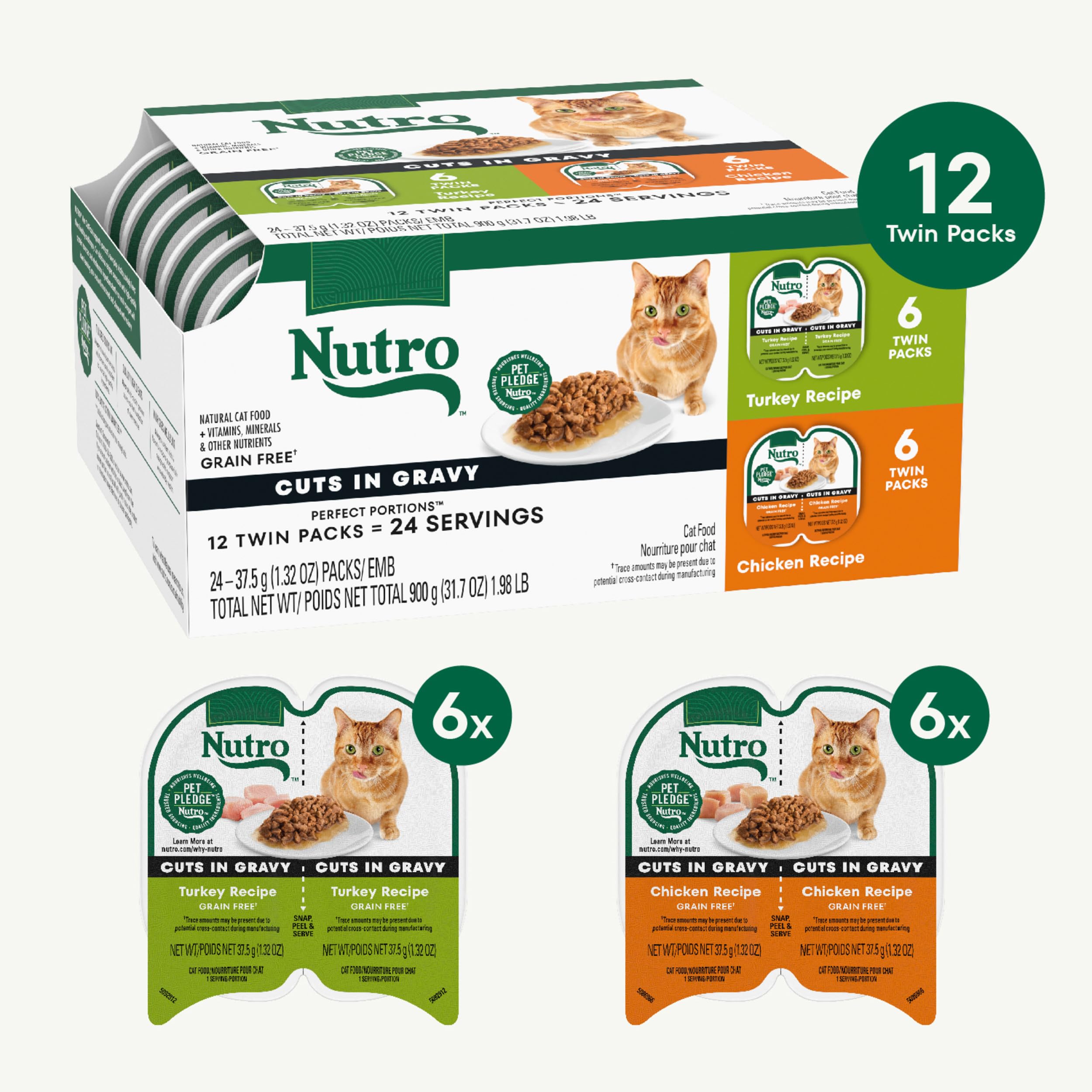 NUTRO Grain Free Natural Wet Cat Food Cuts in Gravy Turkey Recipe and Chicken Recipe Variety Pack, 2.64 oz. PERFECT PORTIONS Twi