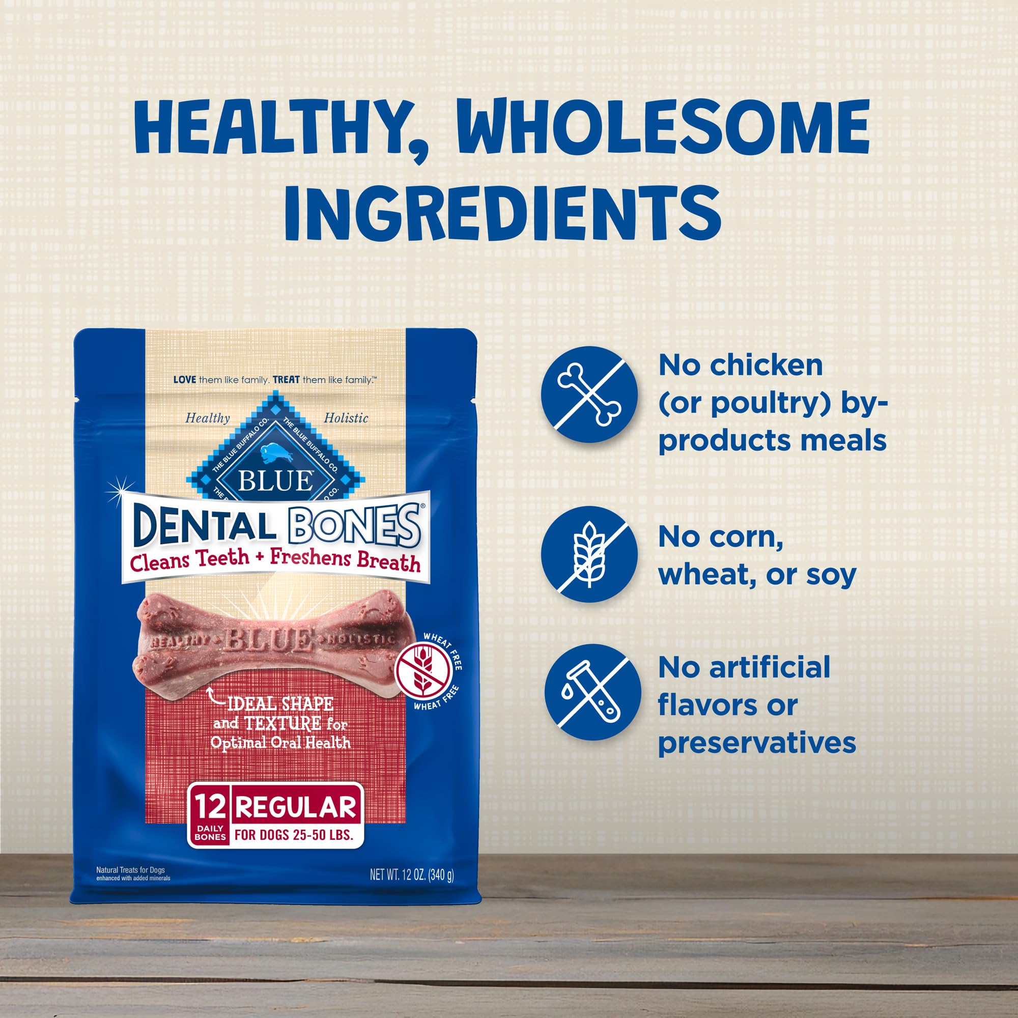Blue Buffalo Dental Bones Regular Natural Dental Chew Dog Treats, (25-50 lbs) 12-oz Bag