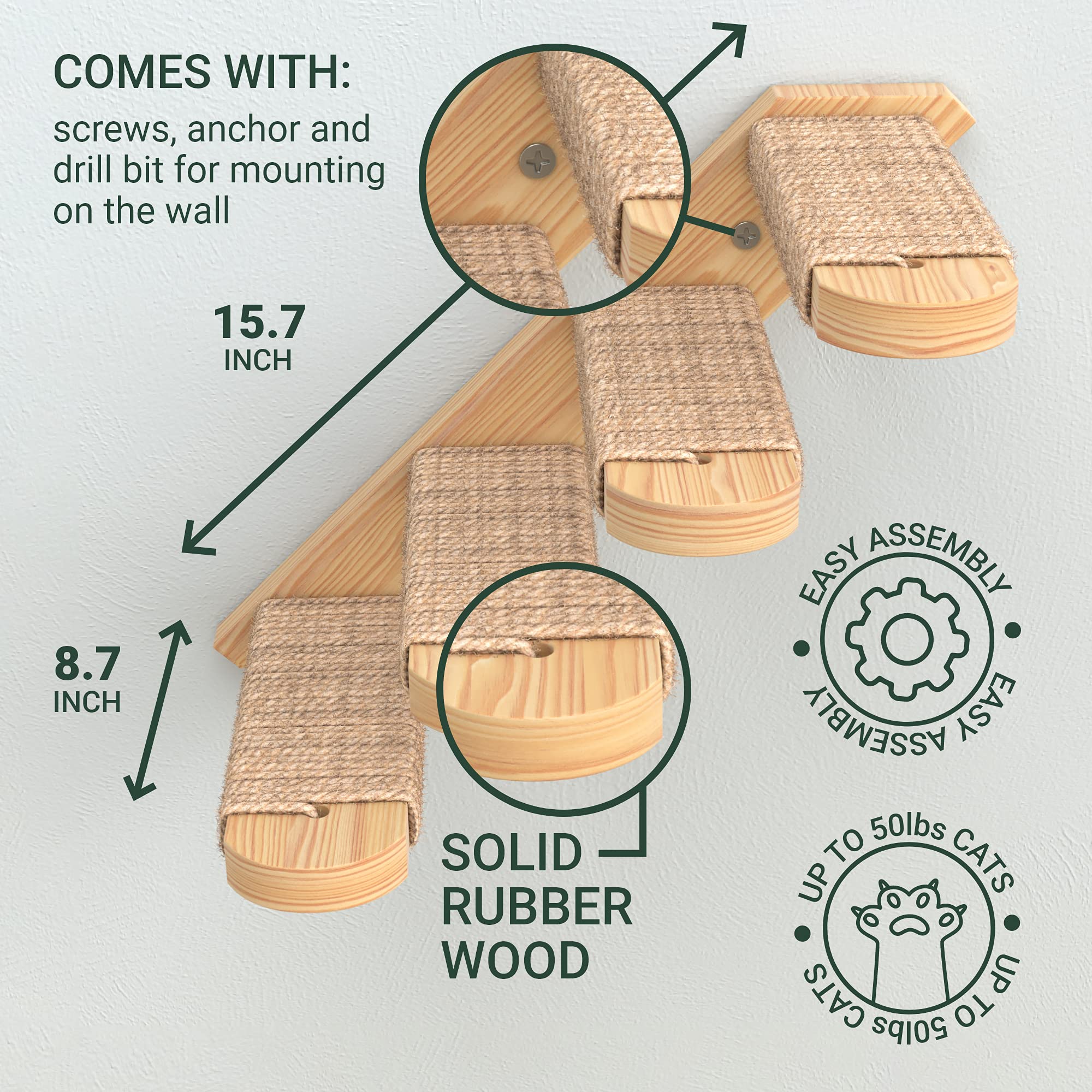 Skywin Cat Steps - Solid Rubber Wood Cat Wall Stairs Great For Scratching And Climbing - Easy To Install Wall Mounted Cat Wall Shelves For Playful Cats (Wood, Left-Right)