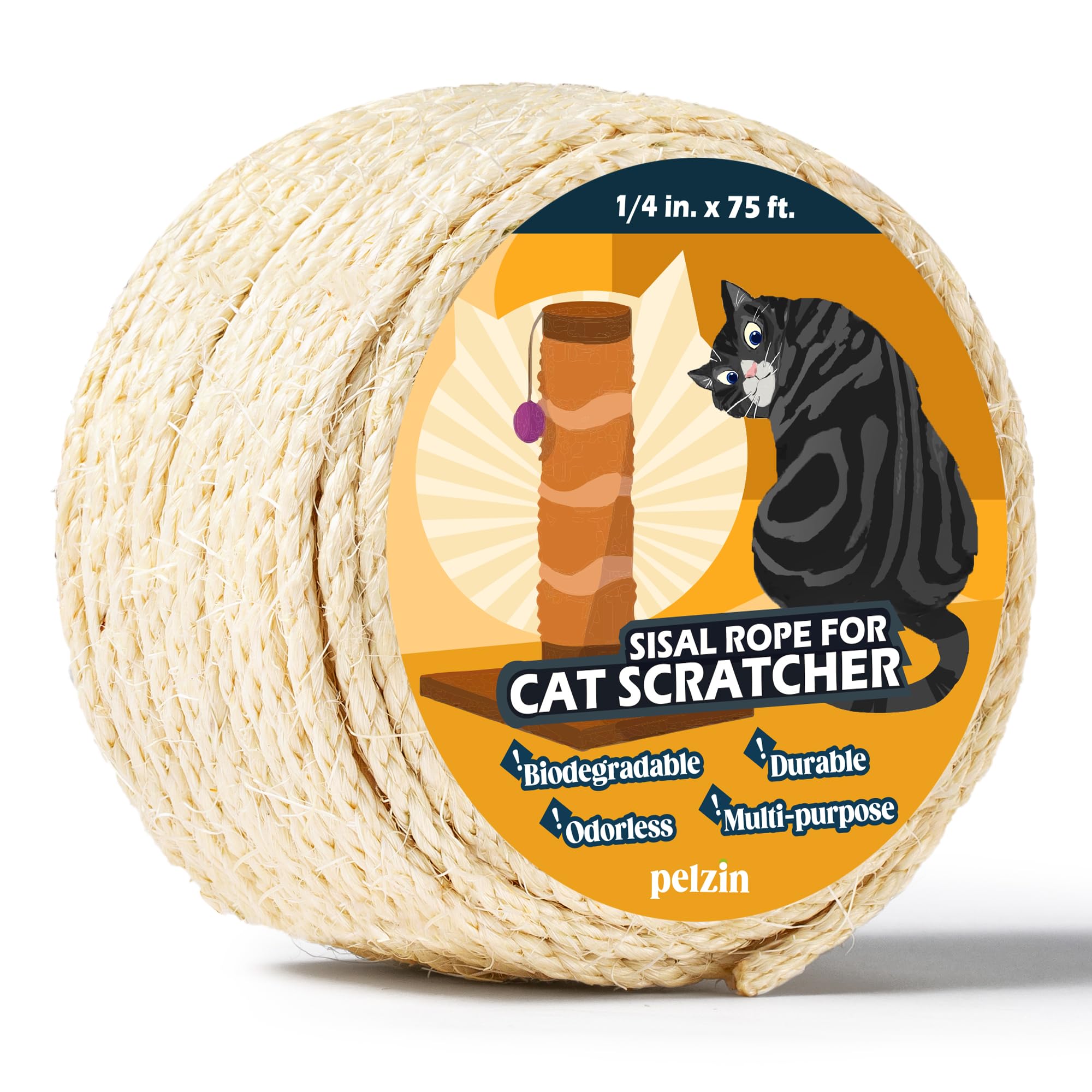 Pelzin Natural Sisal Rope for Cat Scratcher 1/4 Inch by 75 Feet, Cat Tree Rope Twine for Cat Scratching Post Replacement, Cat To