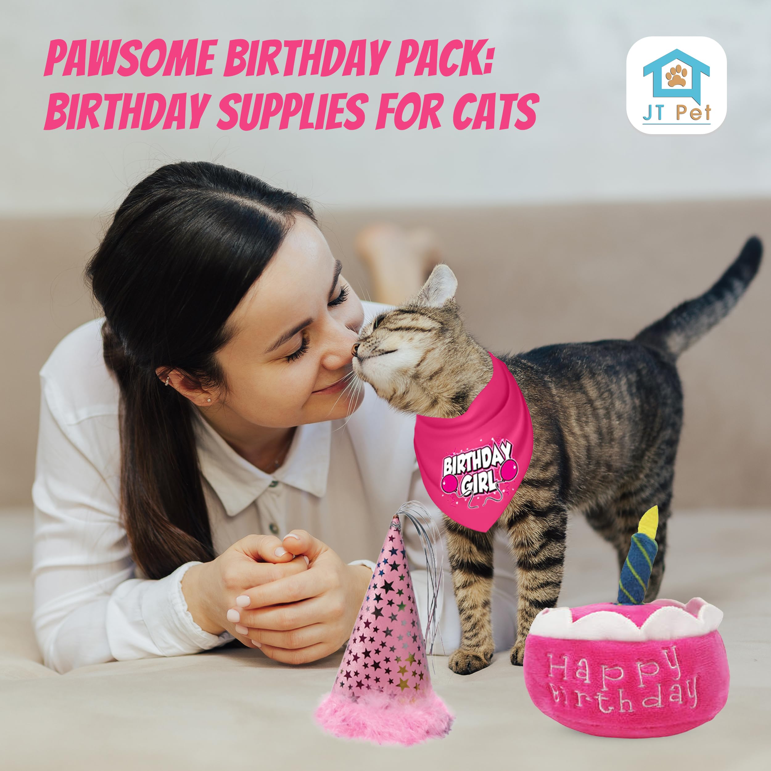 Jt Pet Cat Birthday Girl Party Pack With Bandana, Star Spangled Pink Party Hat With Adjustable Elastic, Tassels And Feathery Tri