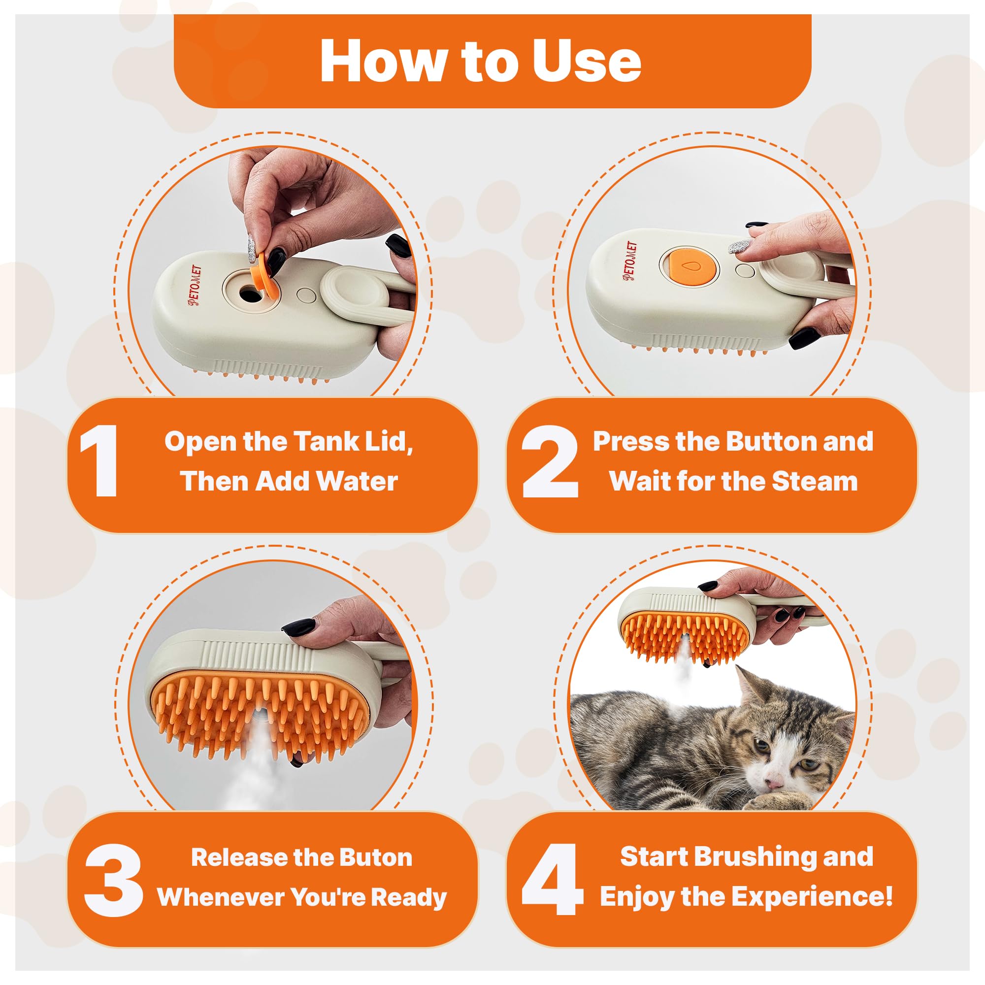 Petomet 4 In 1 Steam Brush For Pet Cats, Small Dog, Spray New Combo Removal Hair Rechargeable Gentle Technology 2025 Grooming Br