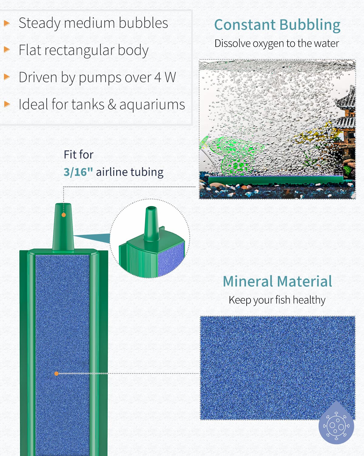 Pawfly Aquarium Air Stone Bar Bubbler 8 Inch, Fish Tank Bubbler Stone with 4 Suction Cups Square Oxygen Diffuser for Air Pump Fi
