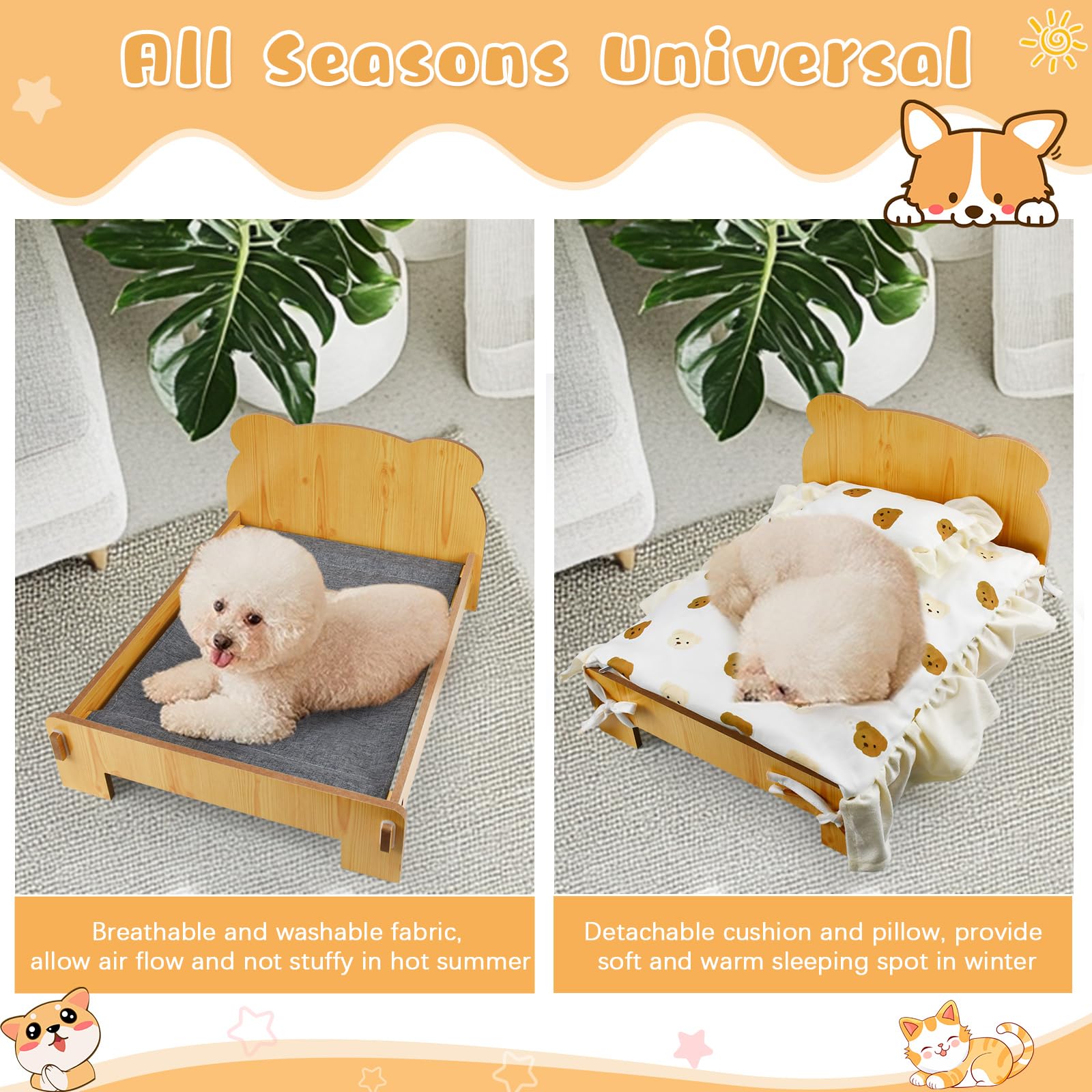 Siyingsaery Elevated Cat Bed For Indoor Cats: Natural Wooden Cat Hammock Bed With Raised Legs Washable Mattress Pillow For Small