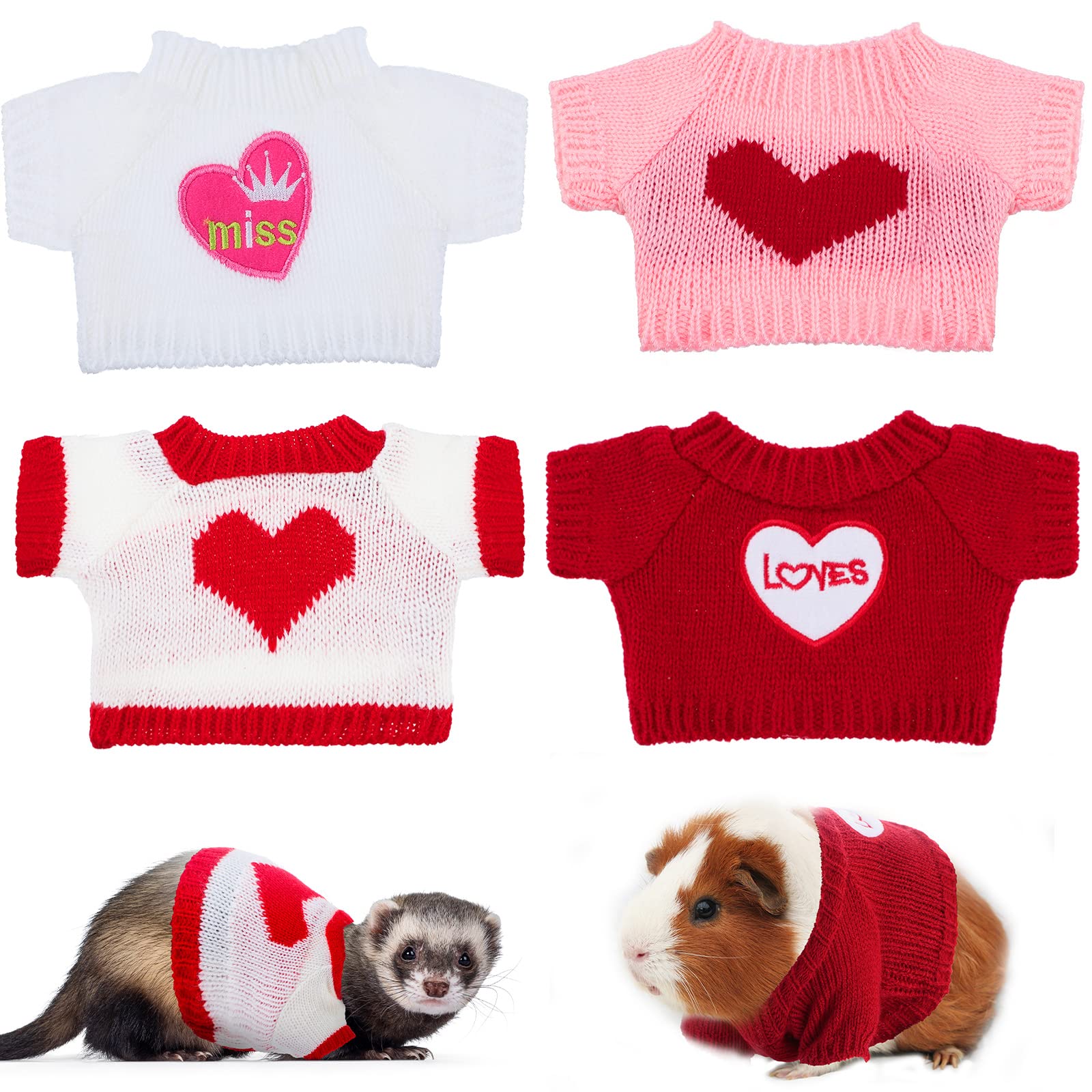4 Pcs Ferret Clothes Hamster Sweater Guinea Pig Clothes Bunny Costume Knitted Sweatshirt for Warm Winter Valentine Christmas Ves