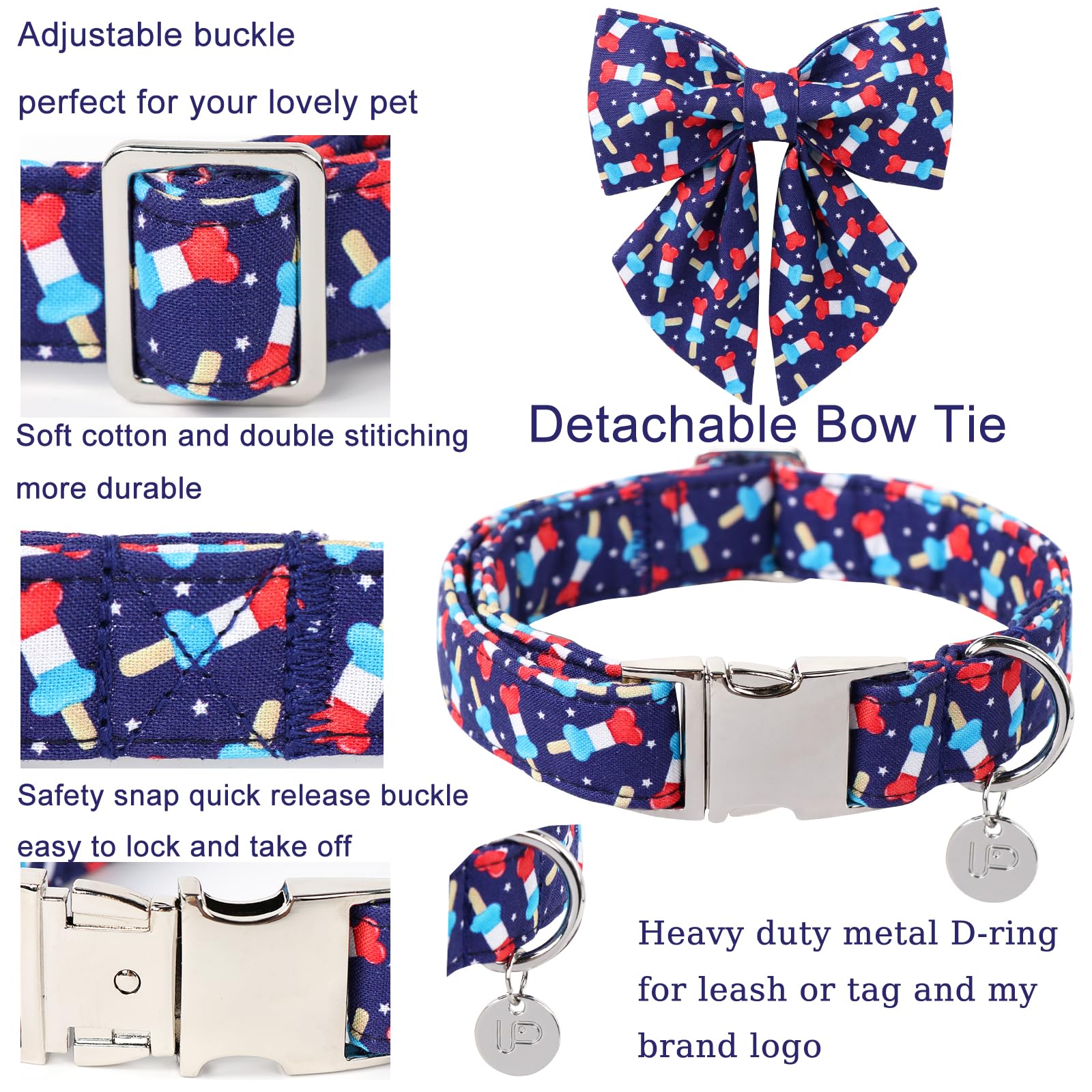 Patriotic Bow Tie Collar - American Flag Design For Medium Dogs, Comfortable Summer Collar With Metal Buckle, Neck 13.5-22In