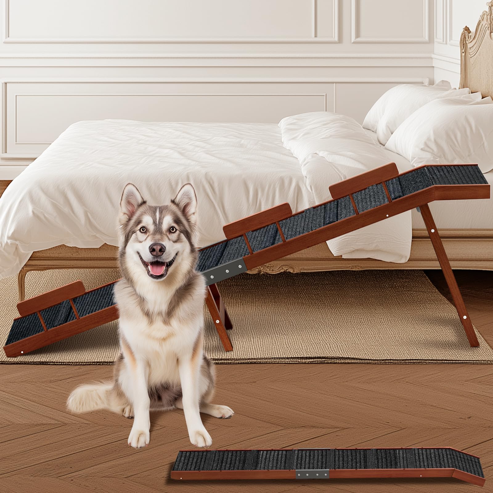 Easyego Foldable Dog Ramp for Bed, 74 Wood Pet Ramp with Side Rails and High Traction Carpet, 22 Gentle Long Slope, Top Landing 