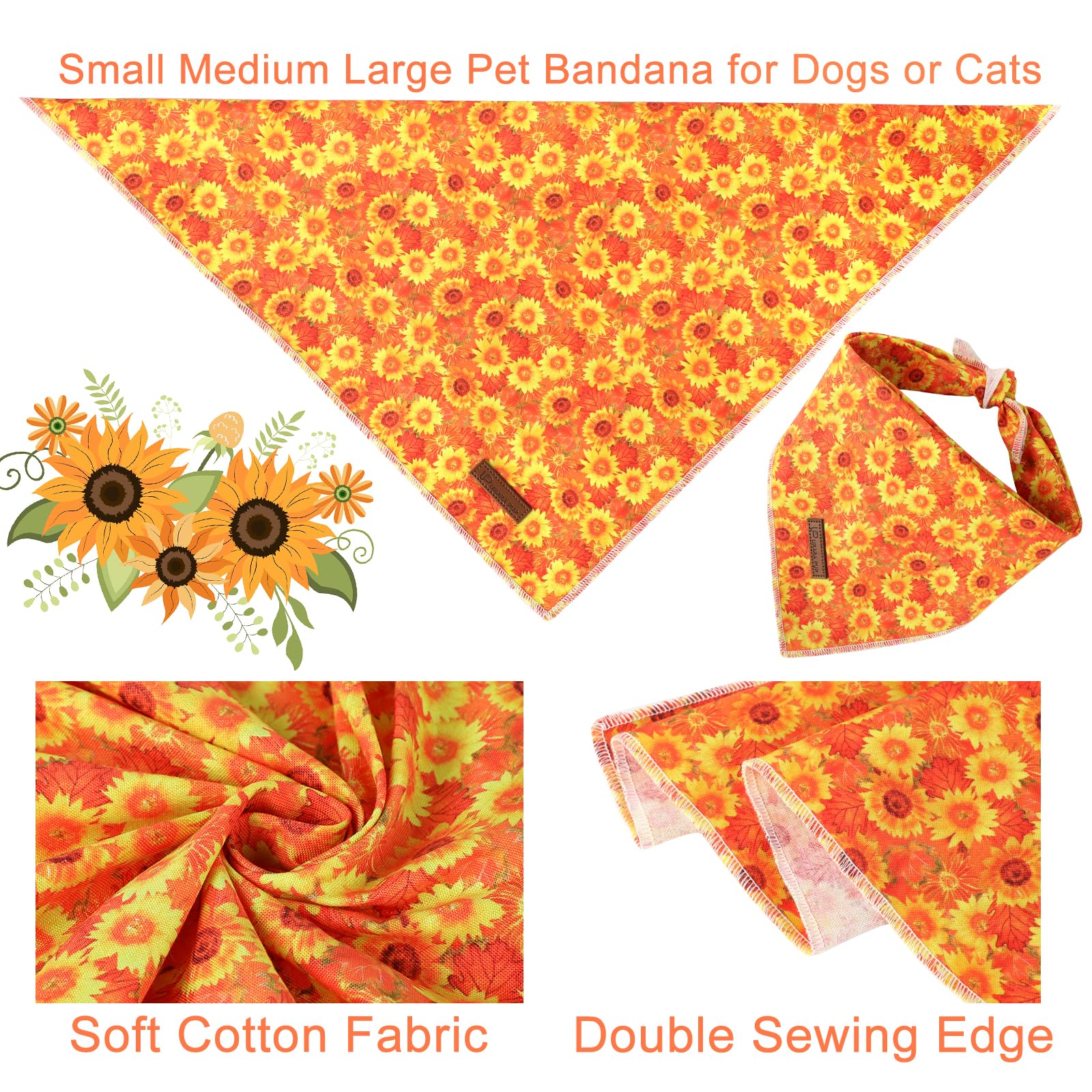 Up Urara Pup Sunflower Dog Bandana, Cute Flower Bandana For Girl Boy Dogs, Cotton Puppy Bandana, Adjustable Pet Triangle Bid Sca