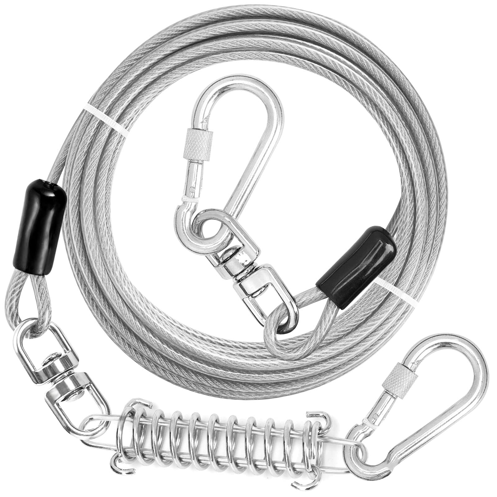 Jenico Dog Tie Out Cable, 10-150FT Runner Cable with Swivel Hook and Shock Spring, Yard and Camping Dog Leash Tether for Small t