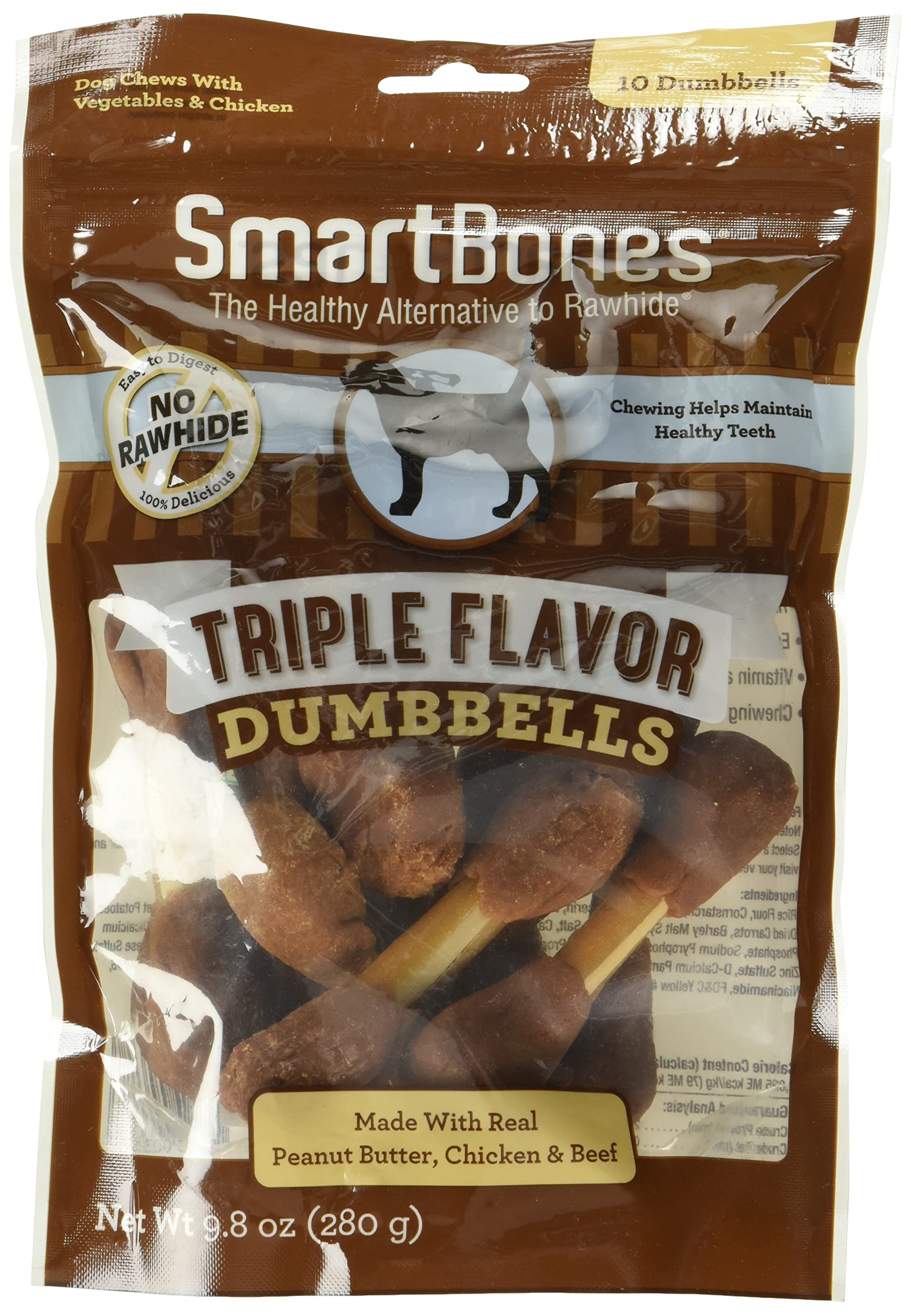 SmartBones Triple Flavor Dumbbells with Peanut Butter 10 Count, Rawhide-Free Chews for Dogs