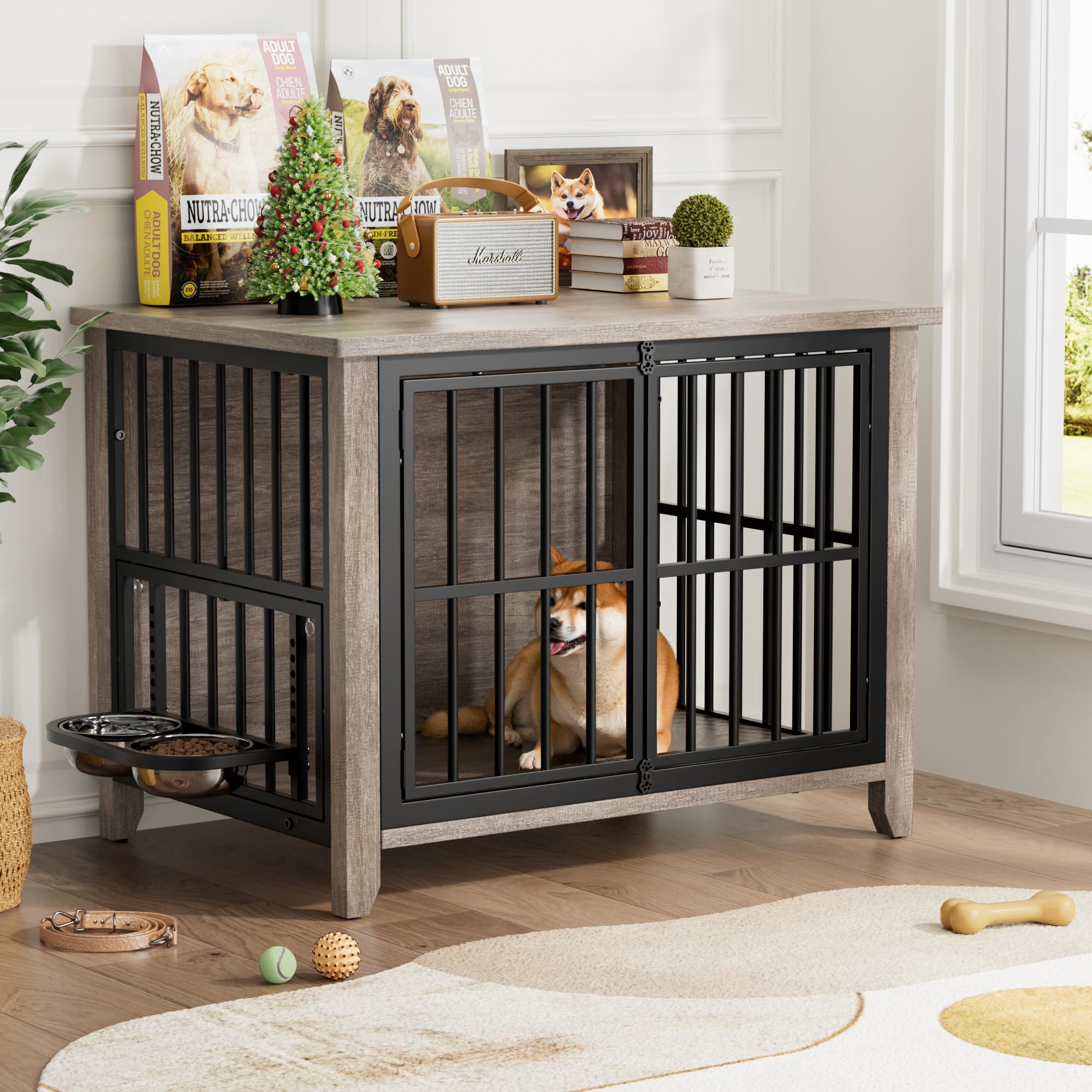 Lulive Dog Crate Furniture, Wooden Dog Kennel Indoor with Adjustable 360& Height Dog Bowls, Double Doors Furniture Dog Crates En