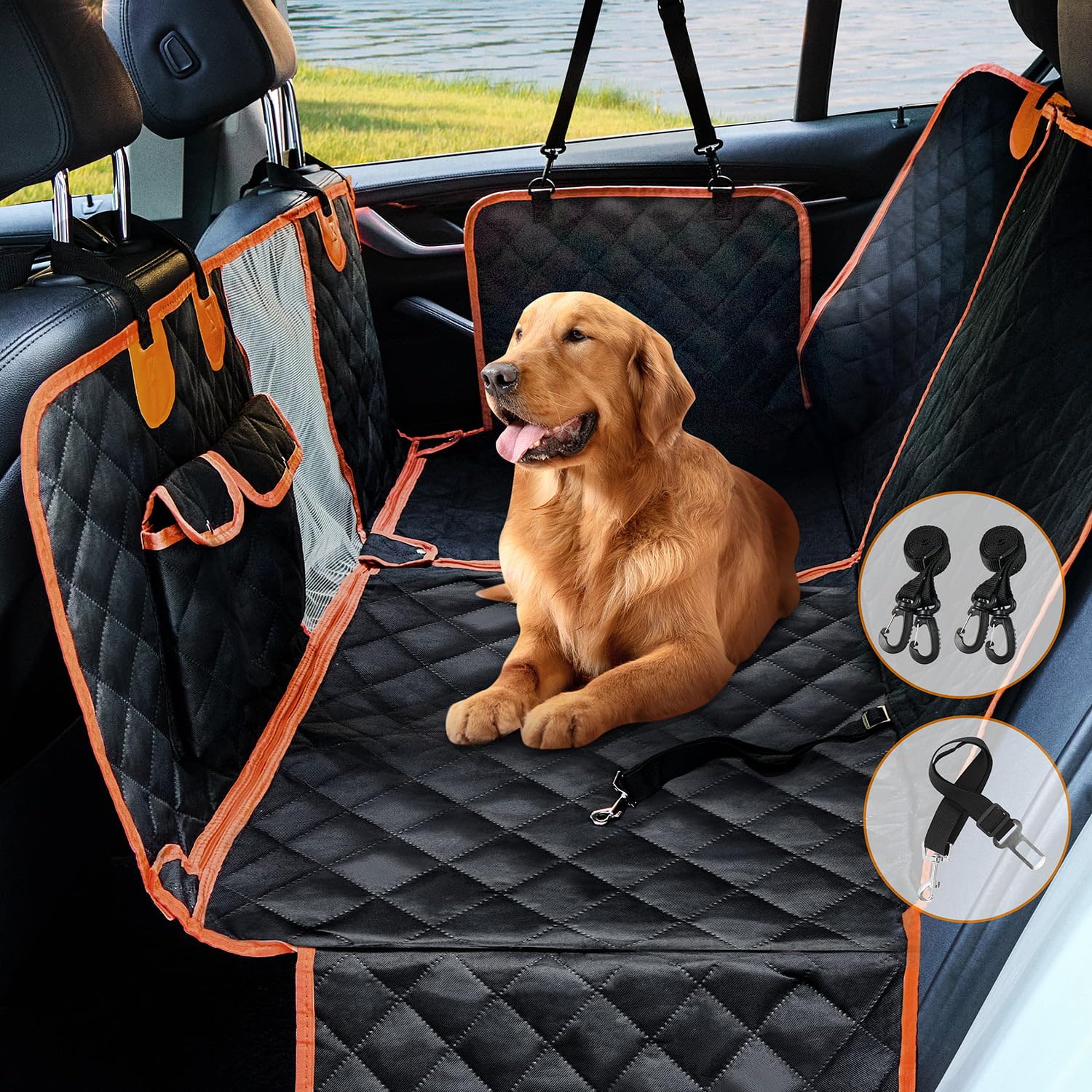Depota Dog Seat Cover For Back Seat - Waterproof Car Seat Protector, Nonslip, Standard 54'' W X 58'' L (Black/Orange)