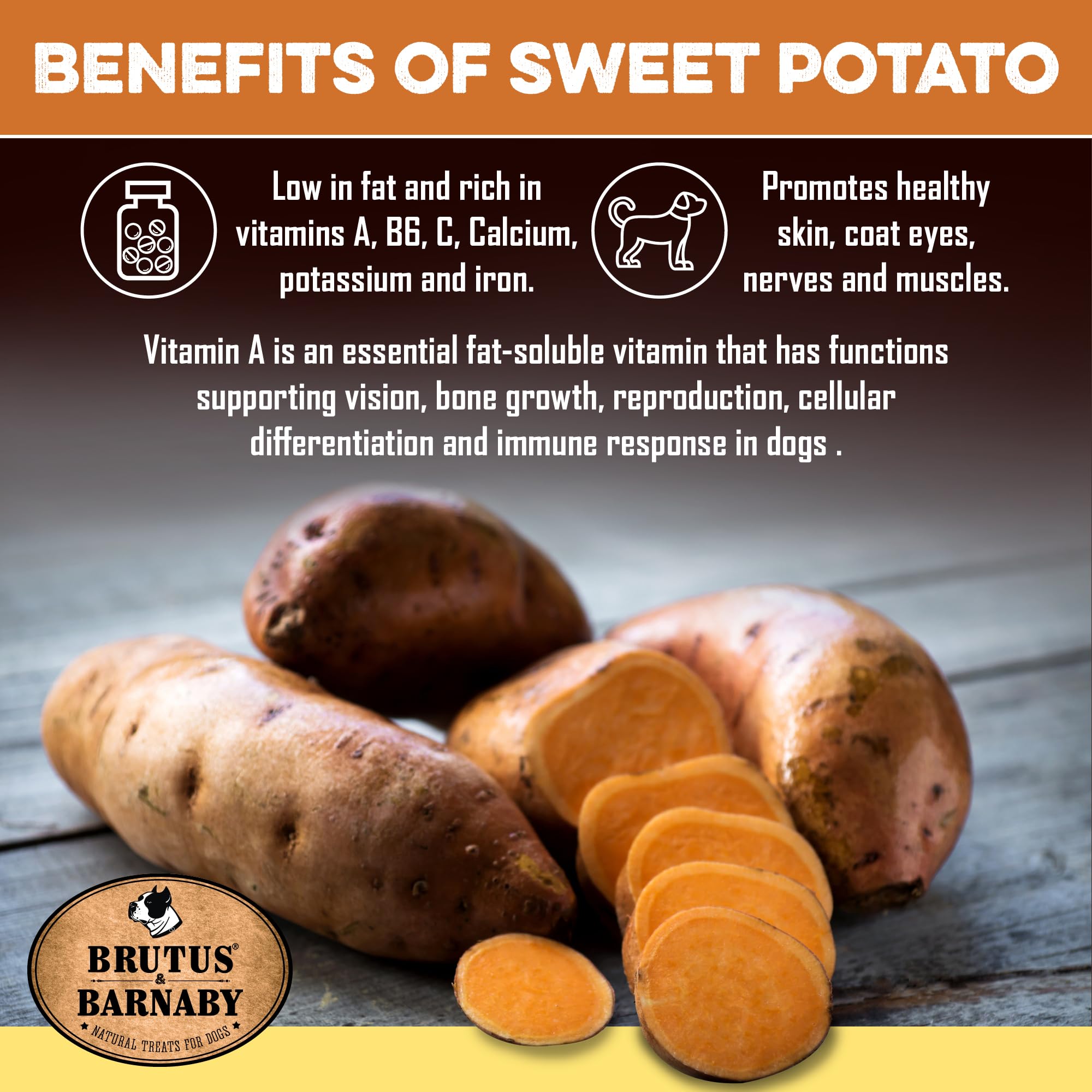 BRUTUS & BARNABY USA Sweet Potato Dog Treats - Grain Free, Peanut Butter Crunchy Sticks are Great Tasting, Promotes Positive Dog