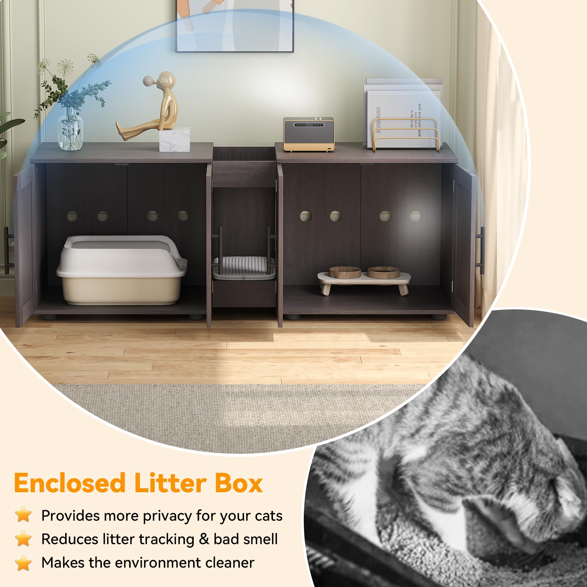 Gaomon Litter Box Enclosure With Double Room,Cat Hidden Litter Box Enclosure Furniture For 2 Cats With Double Room, 55   L X 17.