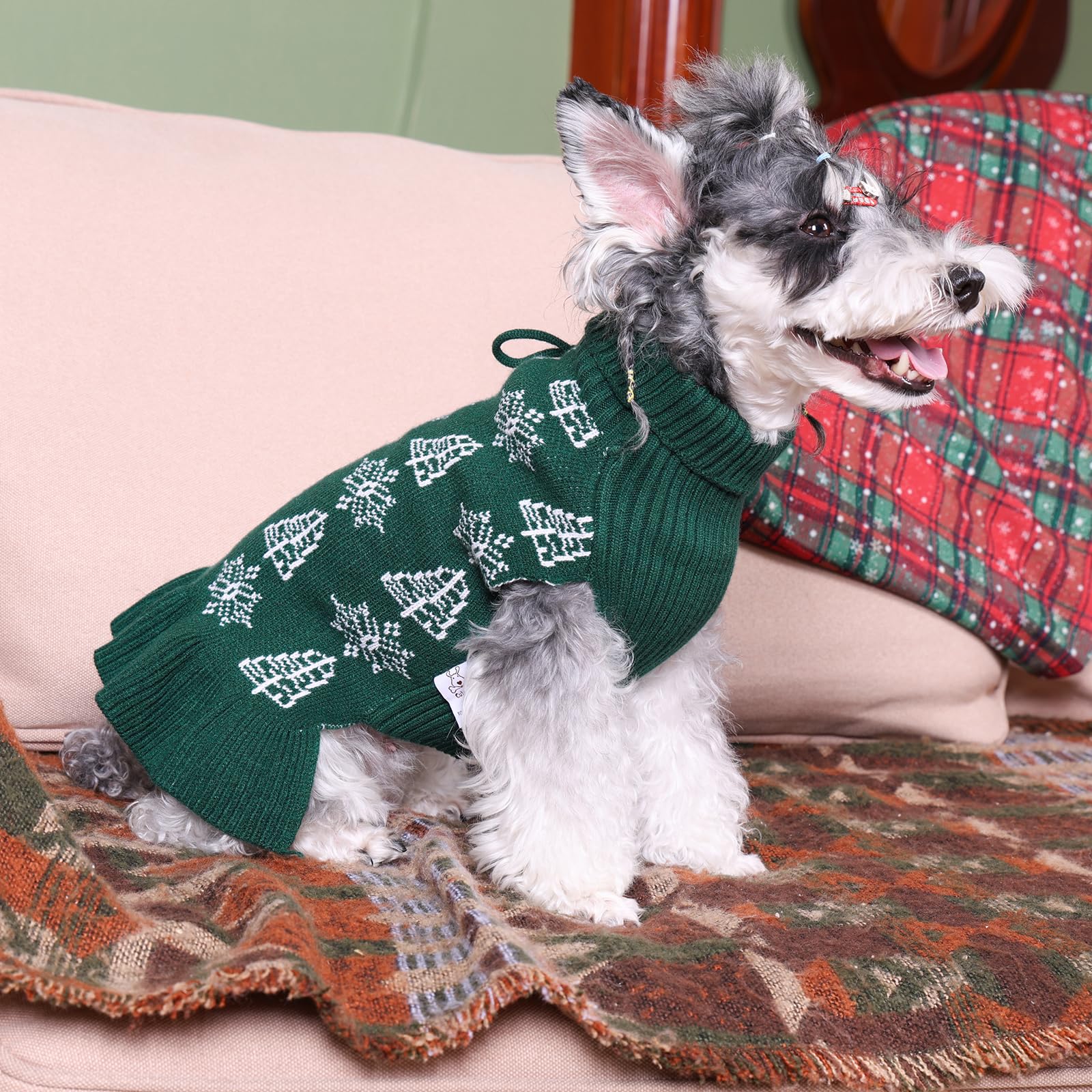 Cutebone Ugly Dog Christmas Sweater Dress Winter Knit Green Turtleneck Puppy Sweater With Craft Pom Pom Ball Pullover Ruffle Dre