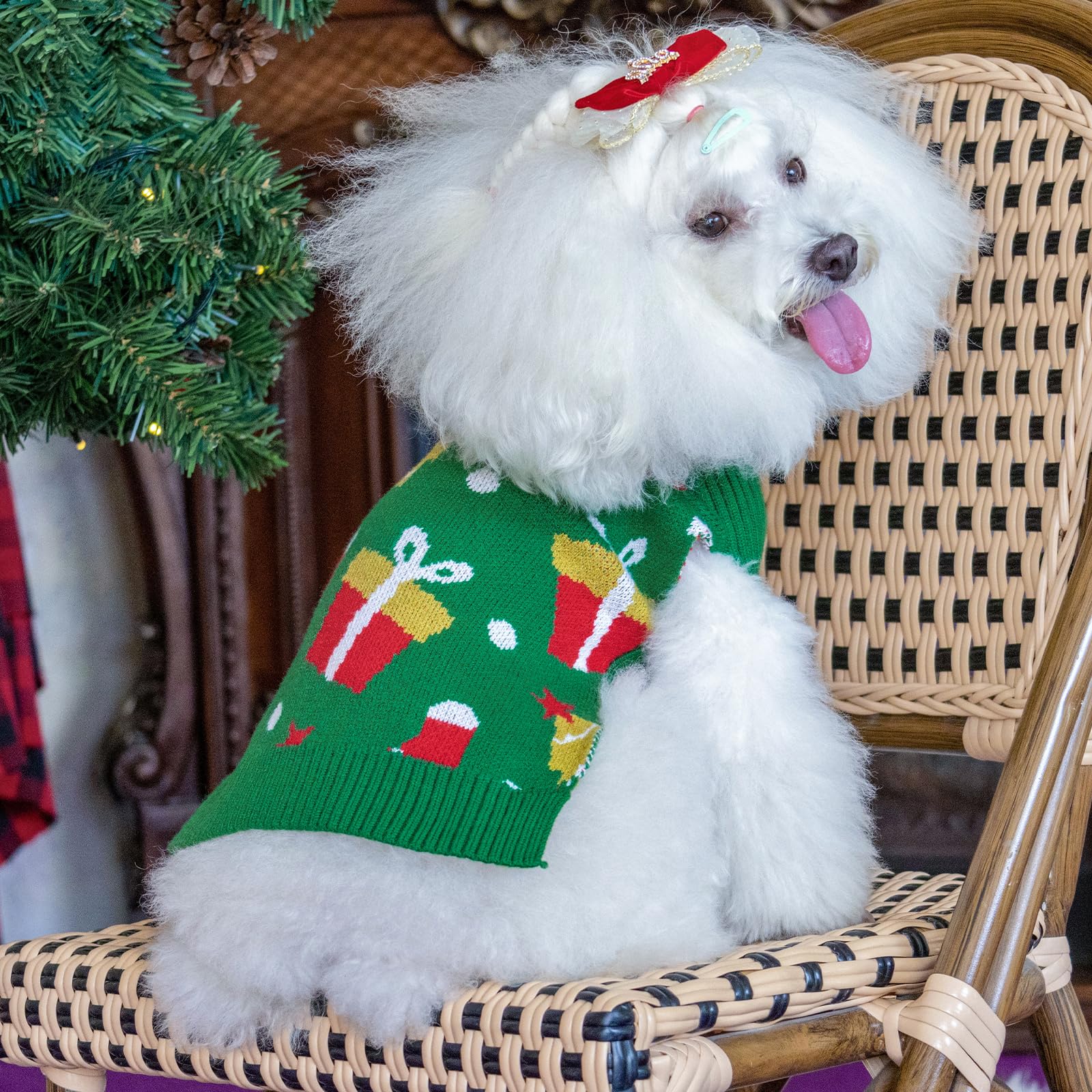 Cutebone Christmas Green Dog Sweater For Small Medium Dogs Tree Knit Puppy Sweater Turtleneck Pet Winter Clothes Cat Apparel Wit