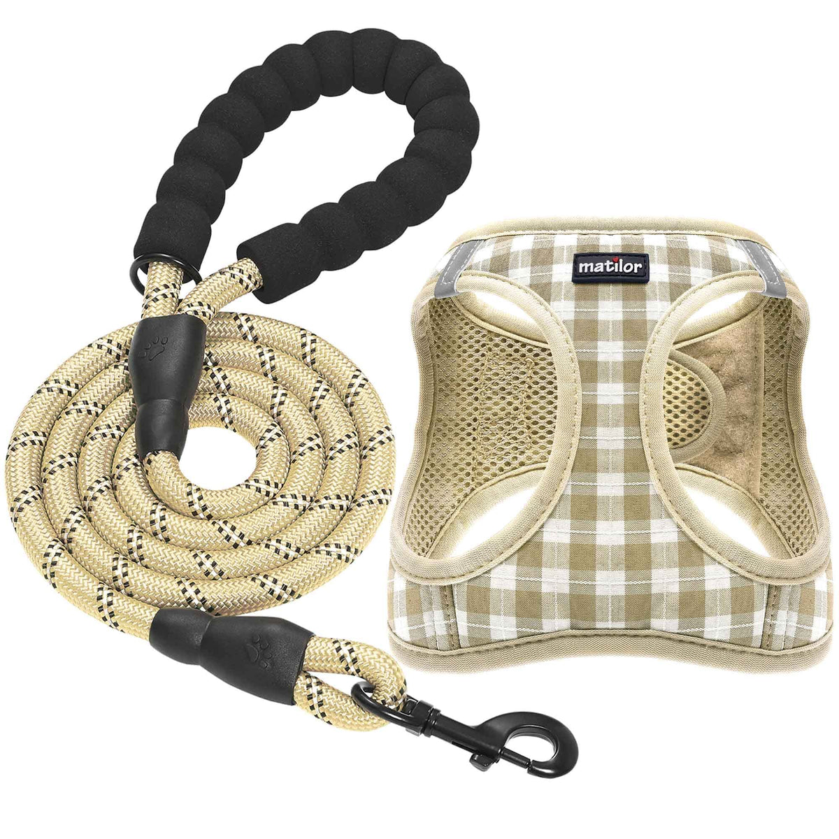 Matilor Dog Harness Step-In Breathable Puppy Cat Dog Vest Harnesses For Small Medium Dogs Beige Checkered