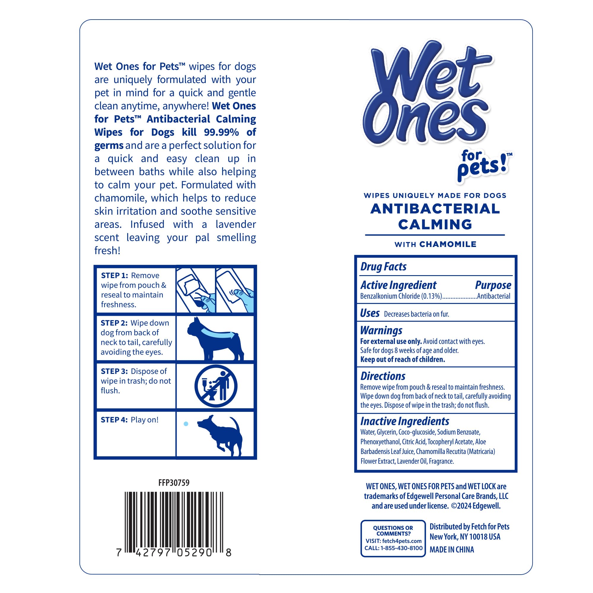 Wet Ones For Pets Antibacterial Calming Wipes With Chamomile, 30Ct, Calming Lavender Scent | Dog Cleaning Wipes, Durable Disposa