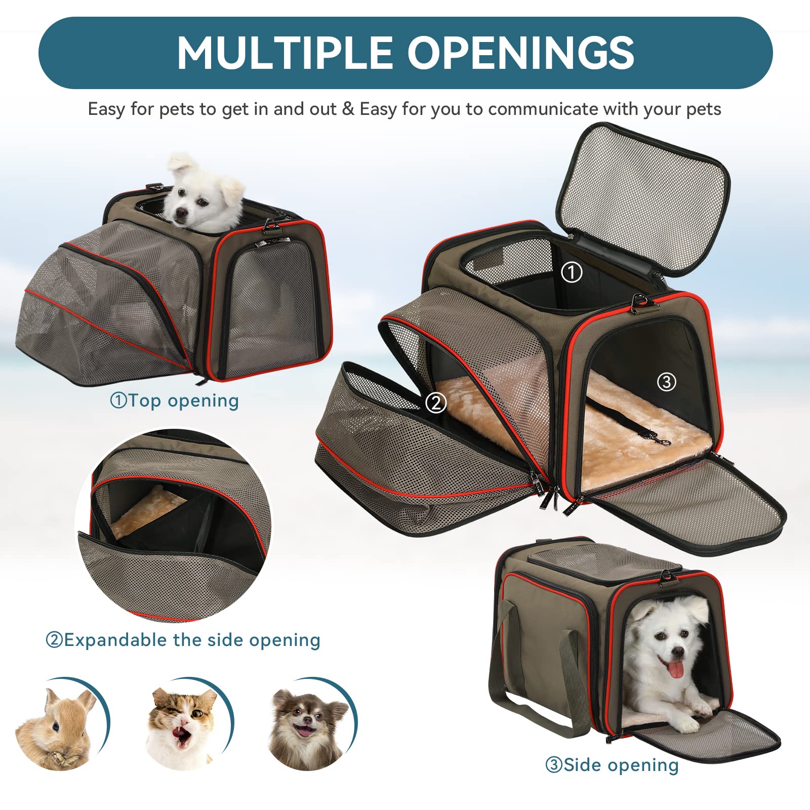 Petsfit Expandable Cat Carrier Dog Carriers,Airline Approved Soft-Sided Portable Pet Travel Washable Carrier For Kittens,Puppies,Removable Soft Plush Mat And Pockets,Locking Safety Zippers