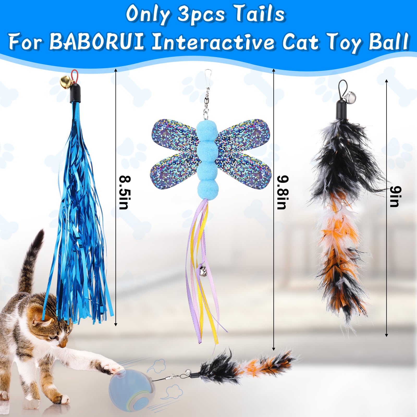 Baborui 3Pack Tails For Interactive Cat Toy Ball, Replaceable Cat Ball Tail, Only Tails(Interactive Cat Toy Balls Not Included)