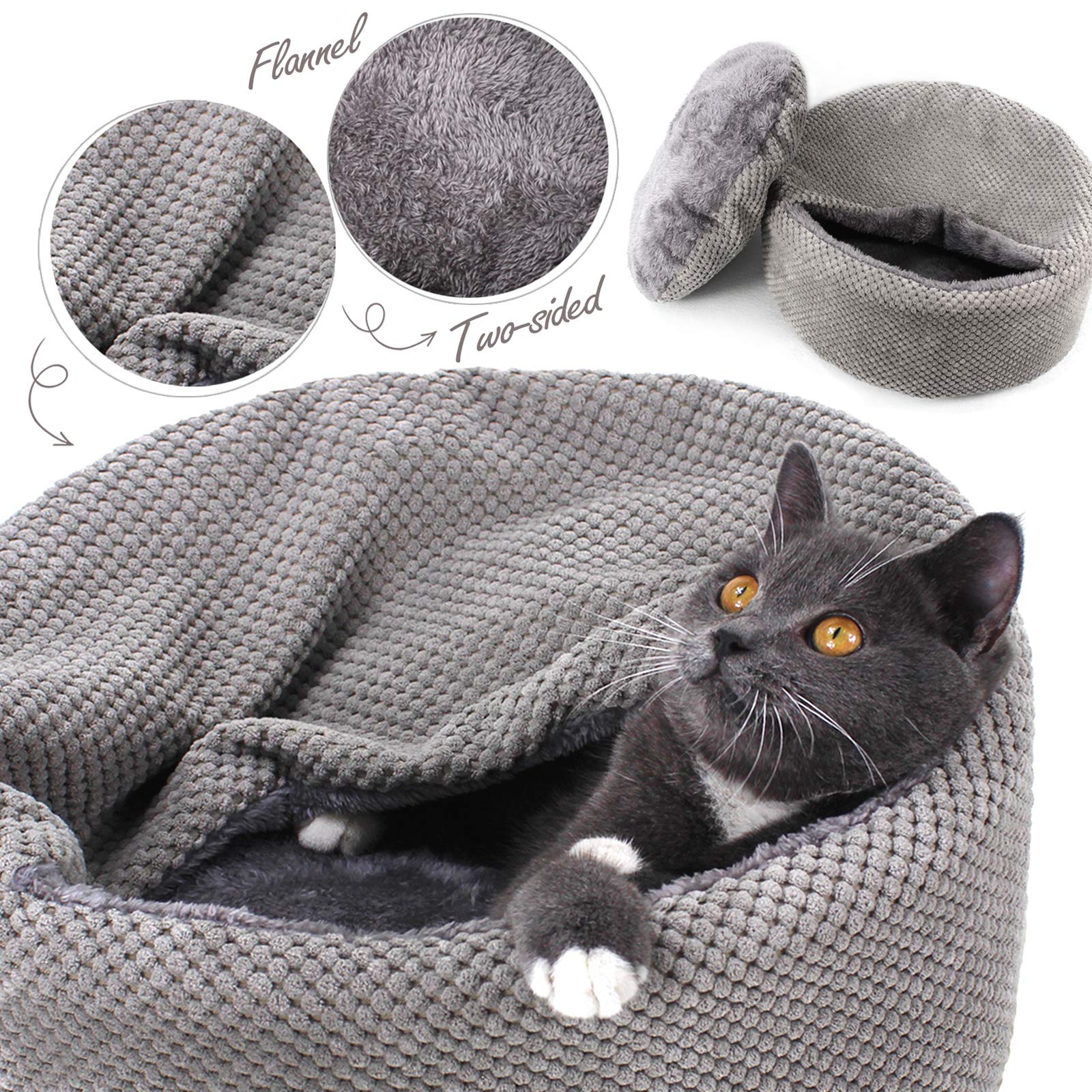 Winsterch Washable Warming Cat Bed House,Round Soft Cat Beds,Calming Pet Sofa Kitten Bed, Small Cat Pet Covered Cat Cave Beds (Gray)