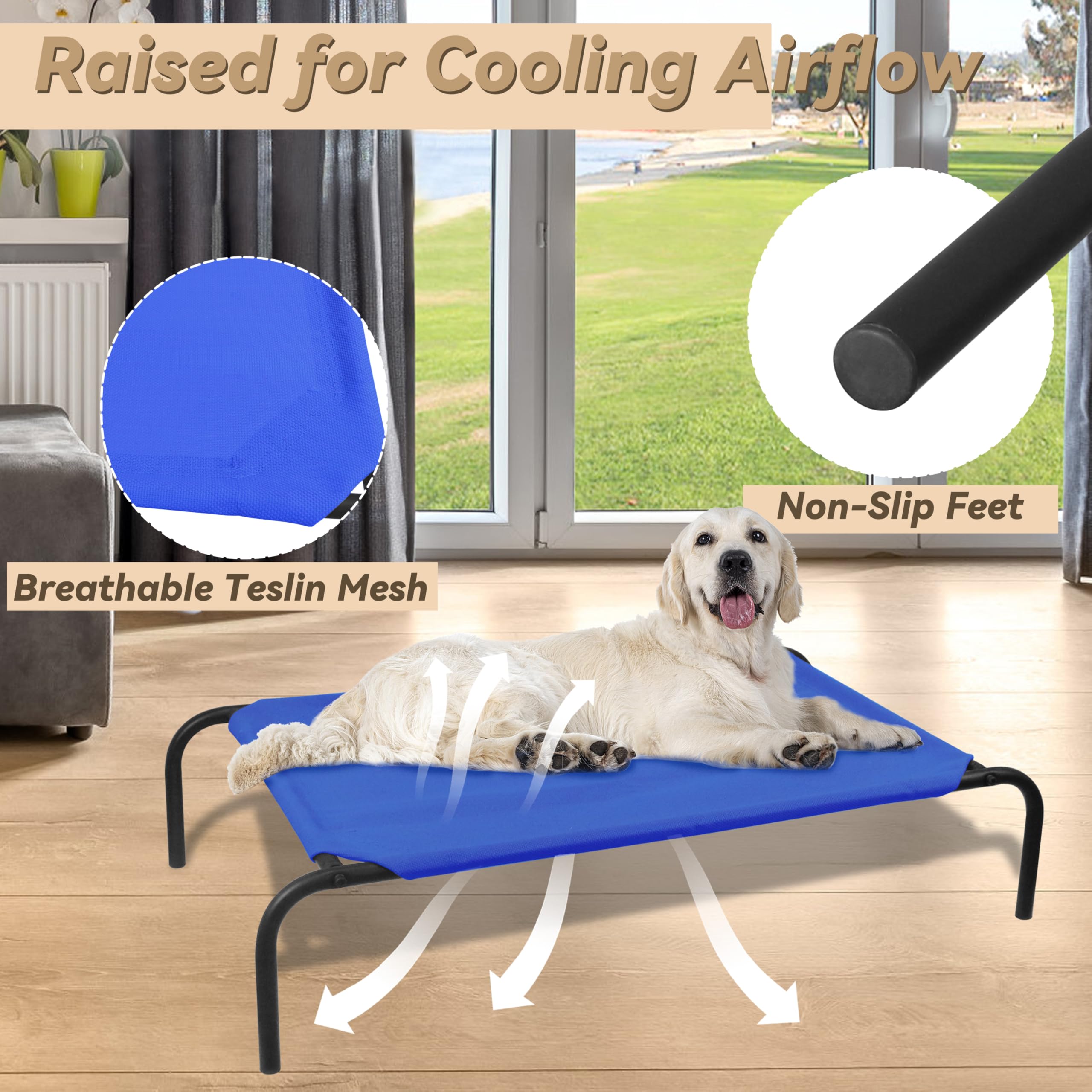 Phyex Heavy Duty Steel-Framed Portable Elevated Pet Bed, Elevated Cooling Pet Cot, 50.5'' L X 30.5'' W X 7.8'' H(L, Blue)