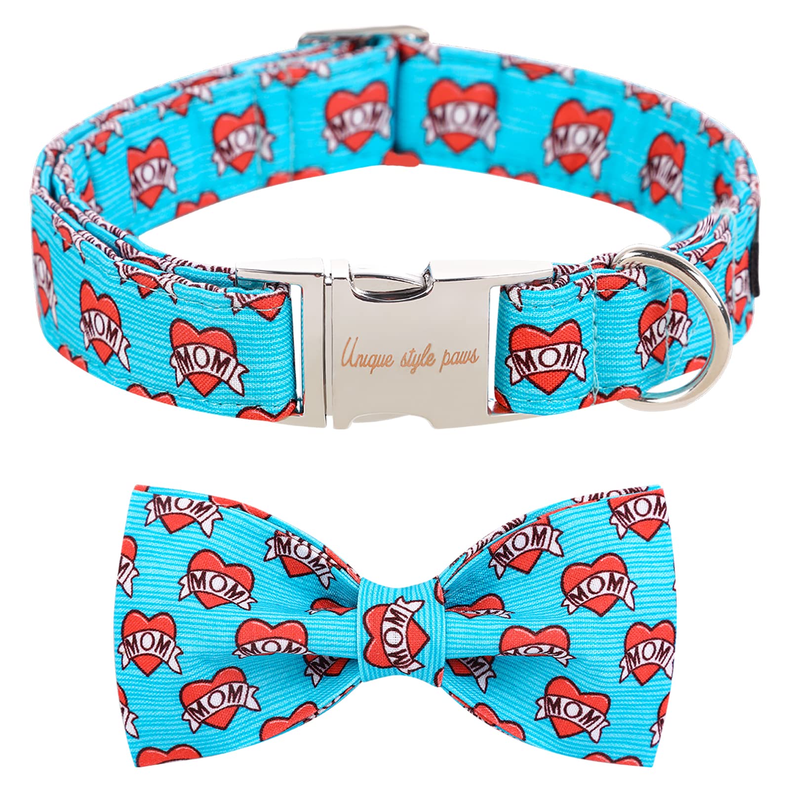 Unique Style Paws Valentine'S Day Dog Collar With Bow Tie Blue Heart Puppy Collar Best Gift For Small Medium Large Boys Girls-M