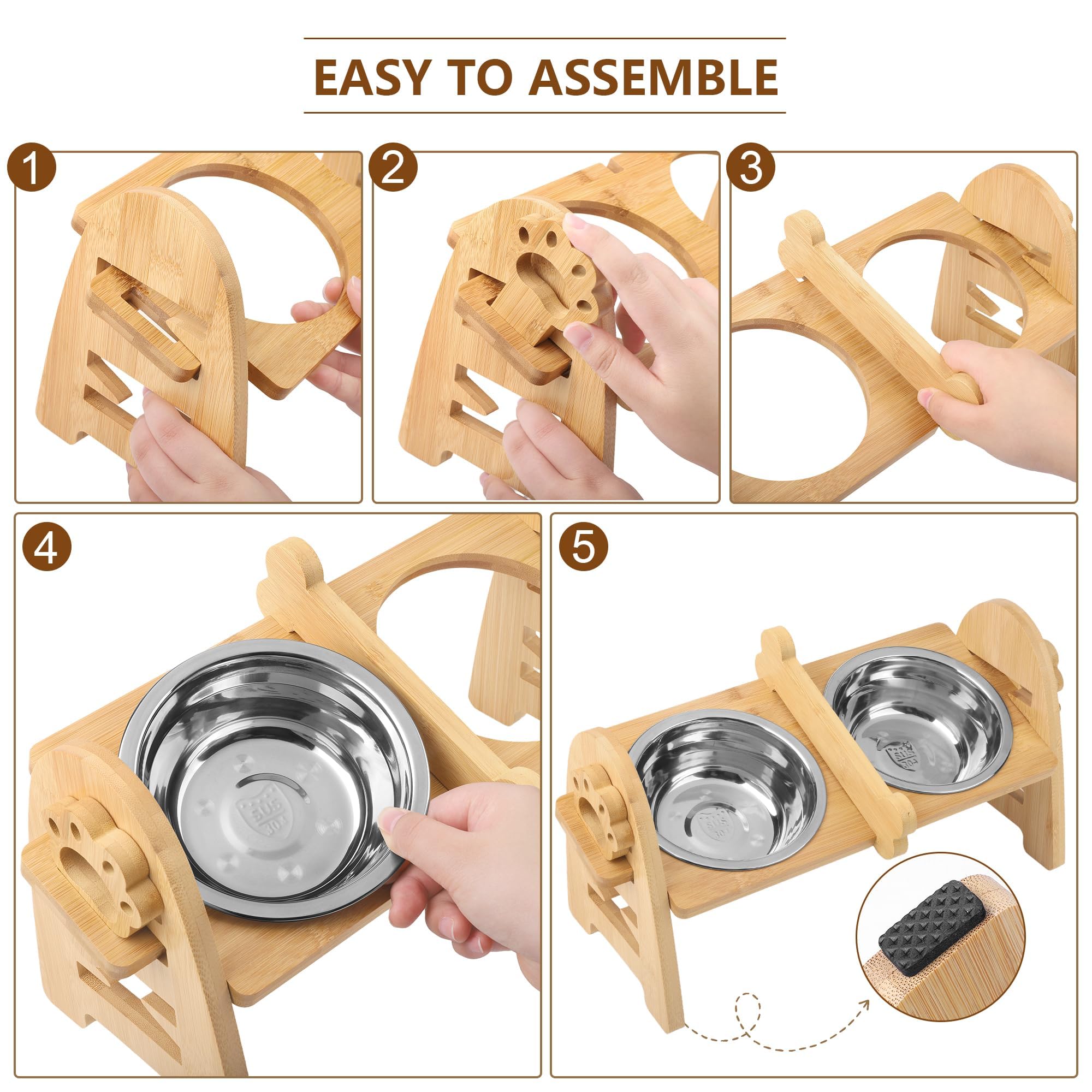 Mceast Elevated Dog Bowls Adjustable Raised Dog Bowls Stand With 2 Pieces 304 Stainless Steel Bowls Bamboo Pet Elevated Bowl Cat