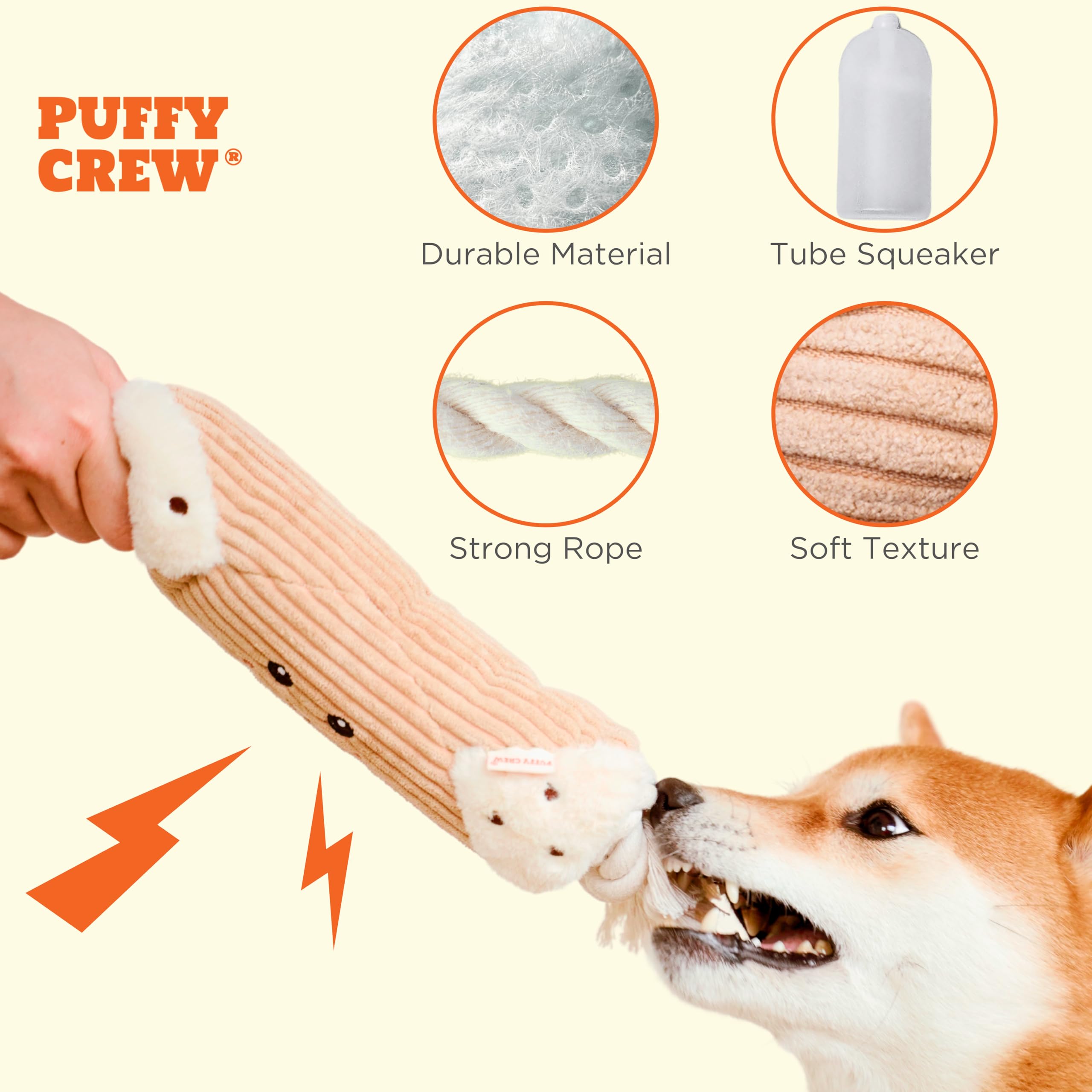 Puffy Crew Squeaky Dog Plush Toy, Bakery Bite_Stick Collection, 12, for Various Sized Dogs (Cannoli, Large)