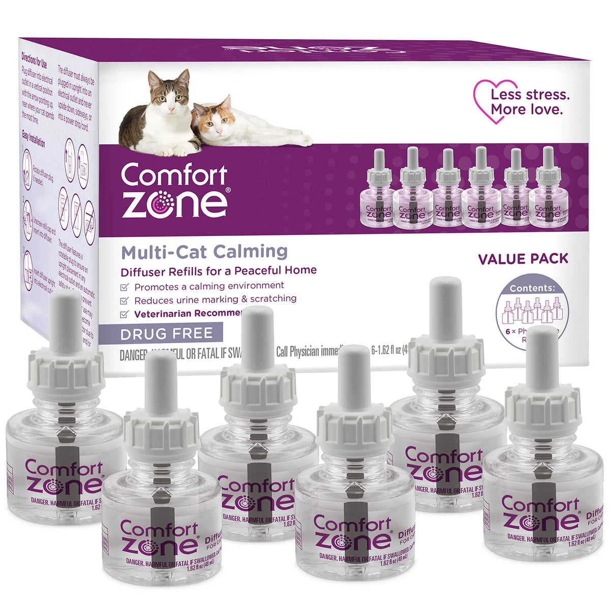 Comfort Zone 6 Pack Multicat Diffuser Refills; Cat Calming Pheromones Help Anxiety; 30-Day Refills
