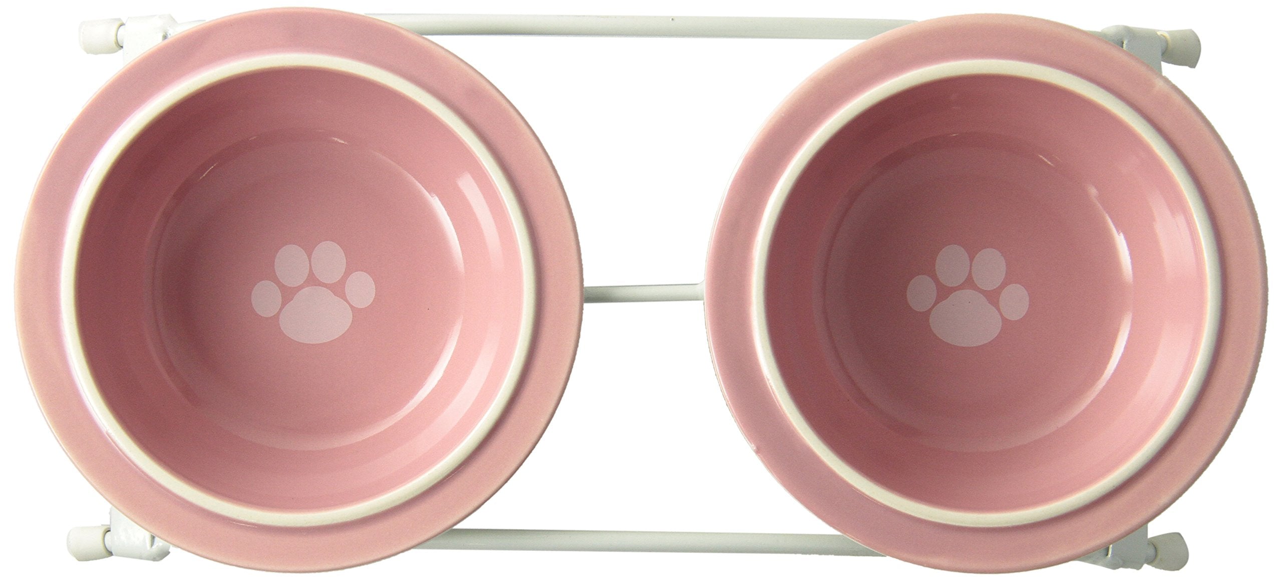 Petrageous 44355 Toftees Paws Diner With Two 1-Cup Dishwasher-Safe Stoneware Bowl Capacity 10.75-Inch Length 2.25-Inch Tall For Extra Small And Small Dogs And Cats, White And Pink