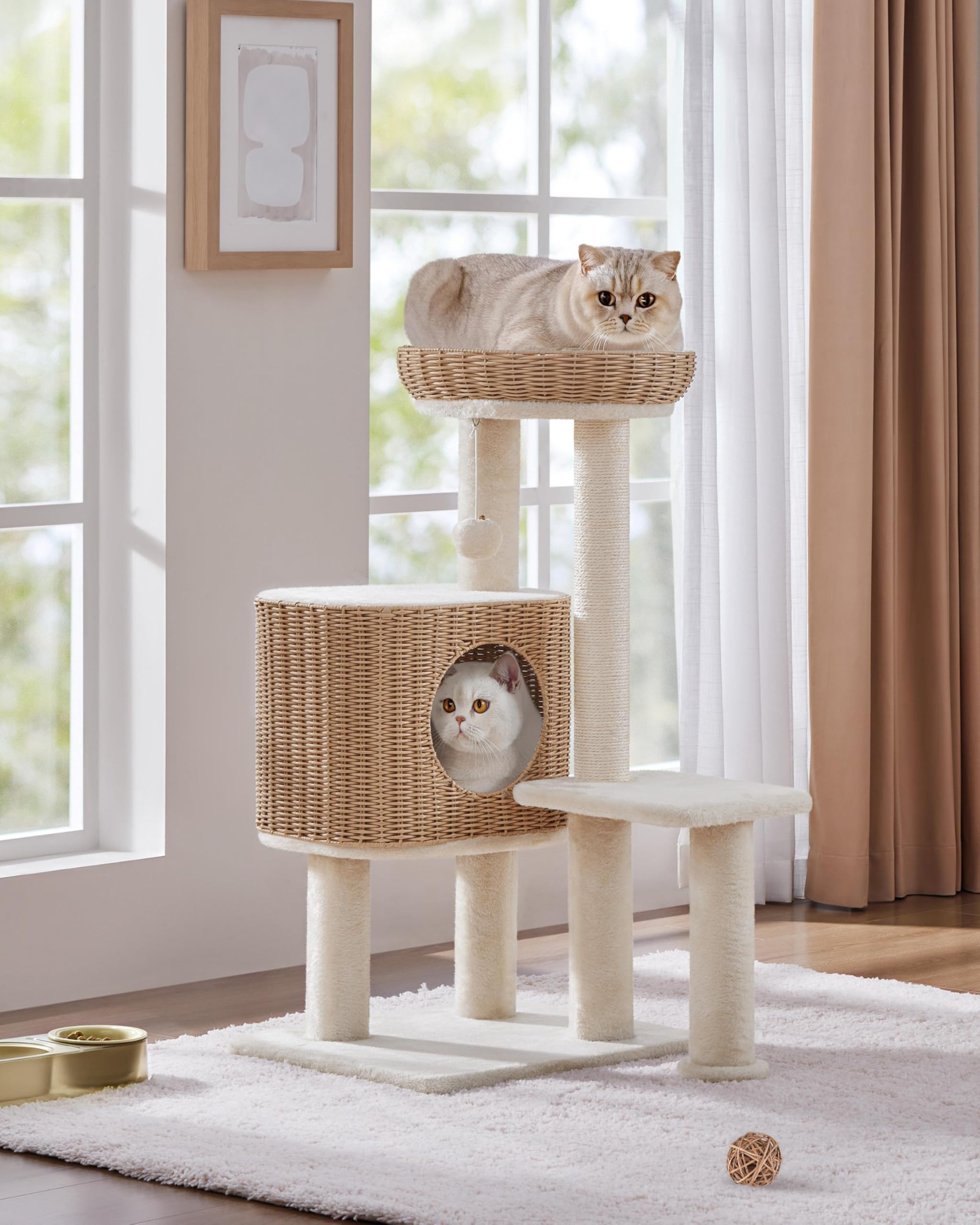 Yaheetech 36in PE Rattan Cat Tree with Big Perch, Breathable Woven Condo, Extra Long Sisal Scratching Post, Washable Cushion, Na