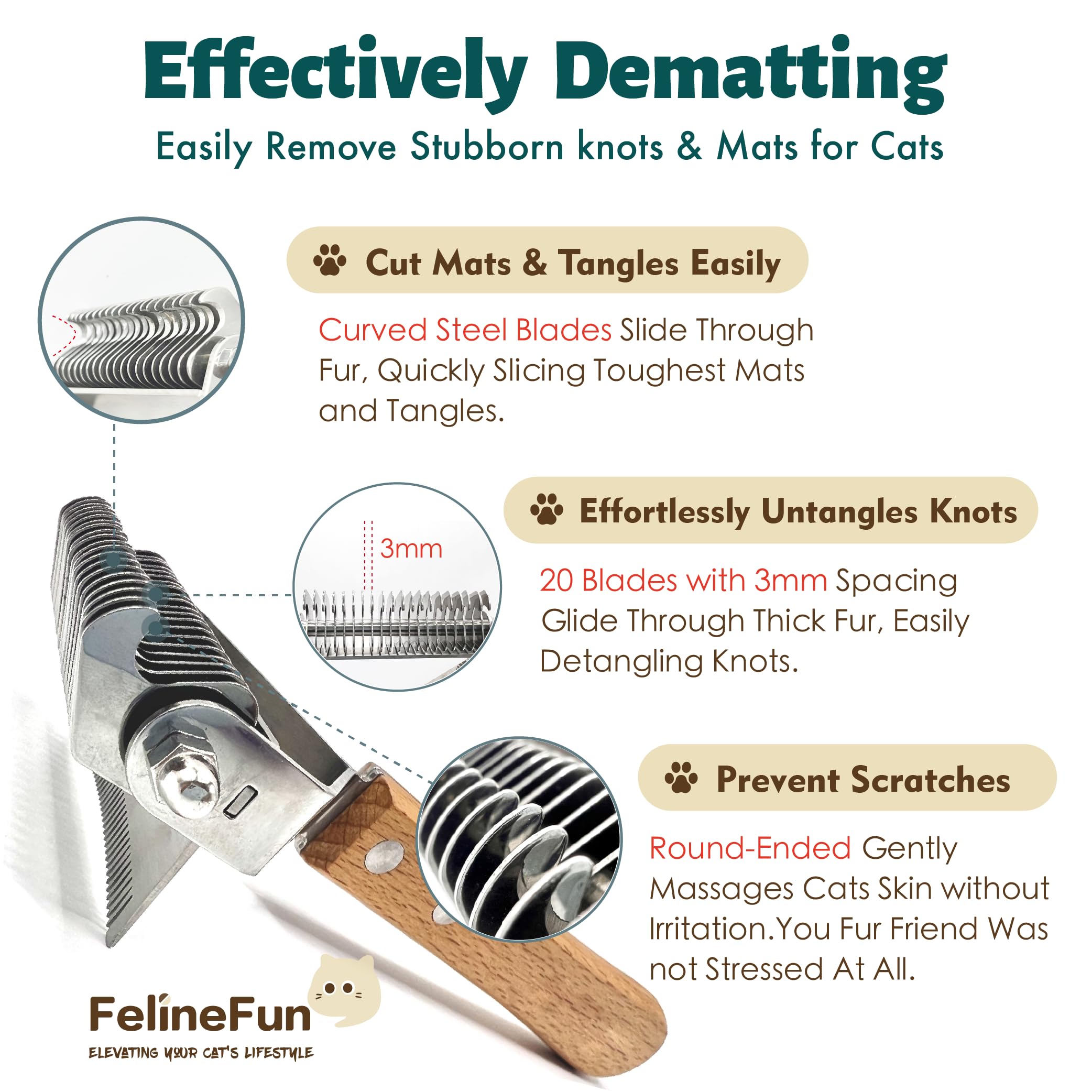 FelineFun Cat Brush for Dematting & Deshedding, 2 in 1 Undercoat Rake, Efficiently Remove Loose Hair & Matted Fur, Professional