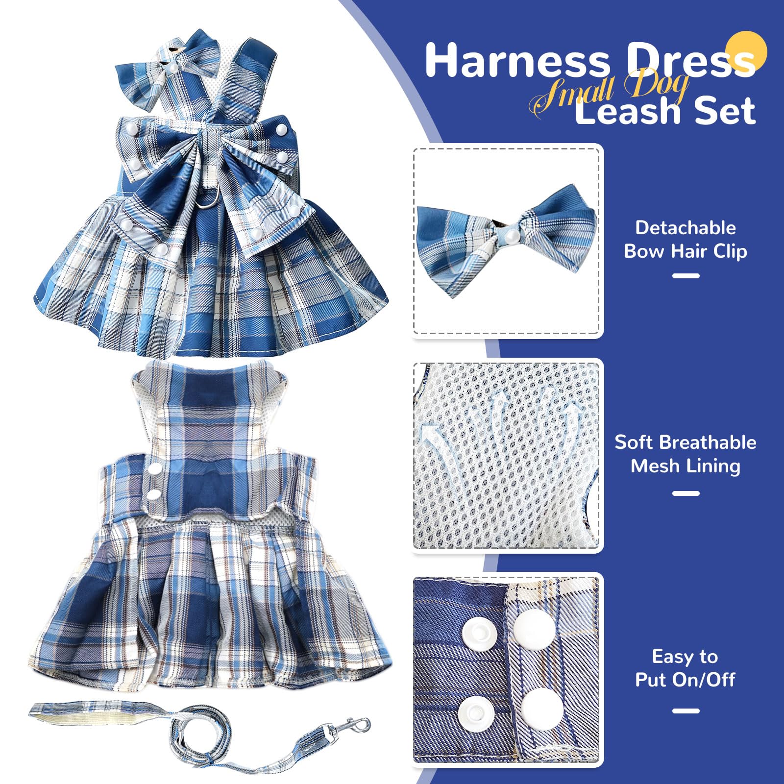 Petcare Cute Dog Dress Clothes For Small Dogs Cats Girl Female Blue Plaid Bow Tie Dog Harness Dresses Leash Set With Pearls Bow