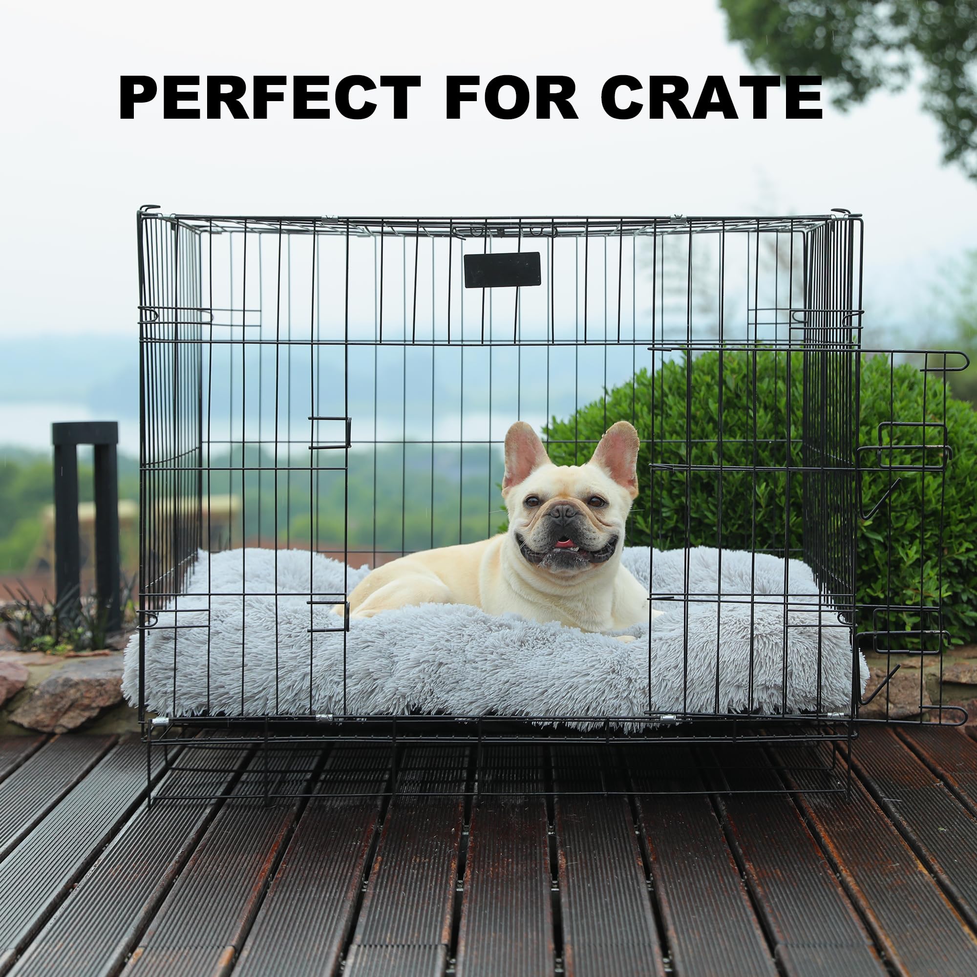 Bedfolks Waterproof Dog Crate Pad, Plush Dog Kennel Bed - Faux Fur, Washable - 35''X23'', Solid Light Grey