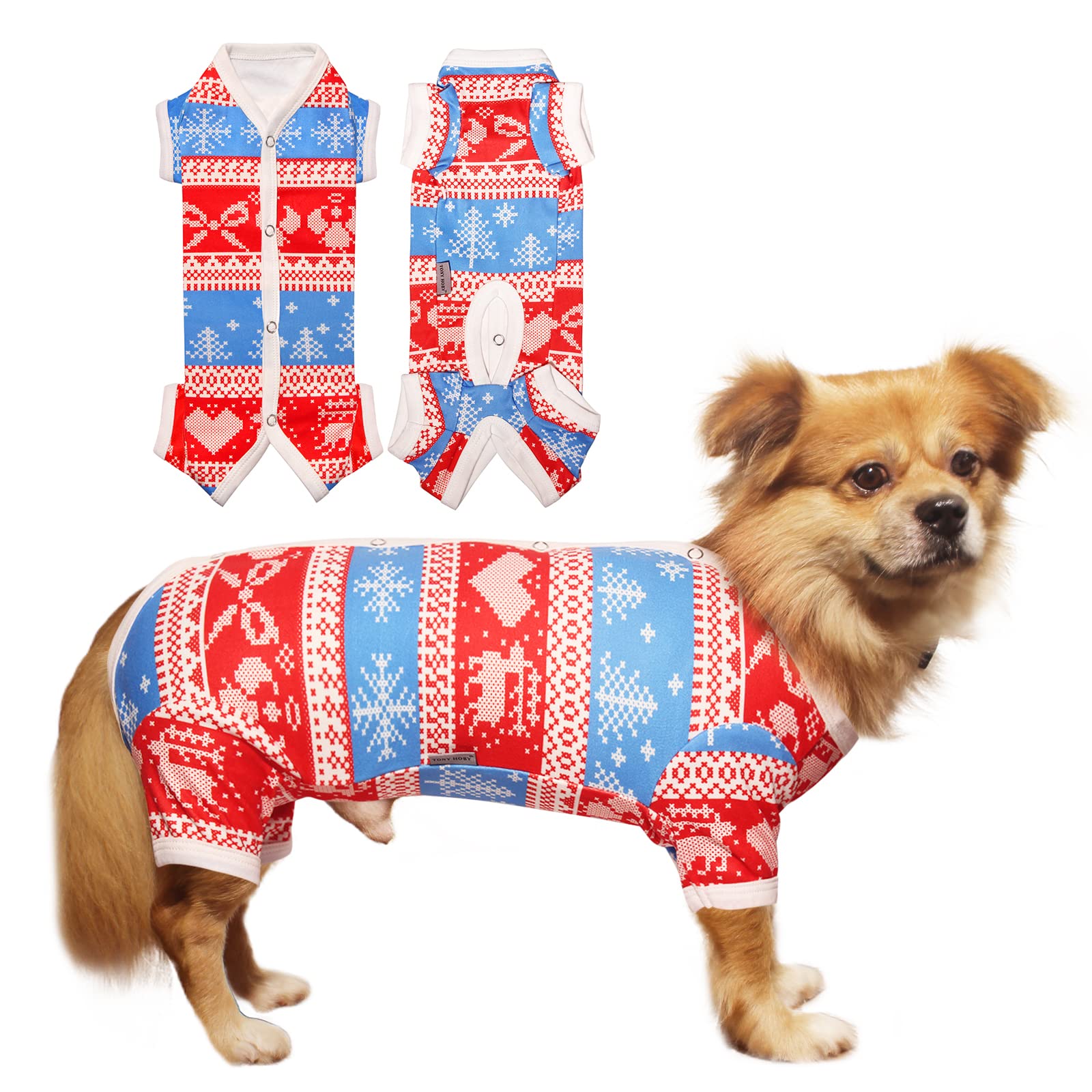 Tony Hoby Dog Pajamas, Dog Jumpsuit With Snoeflake Pattern, Warm Dog Shirts For Small Medium Dog (Red&White, Boy, S)