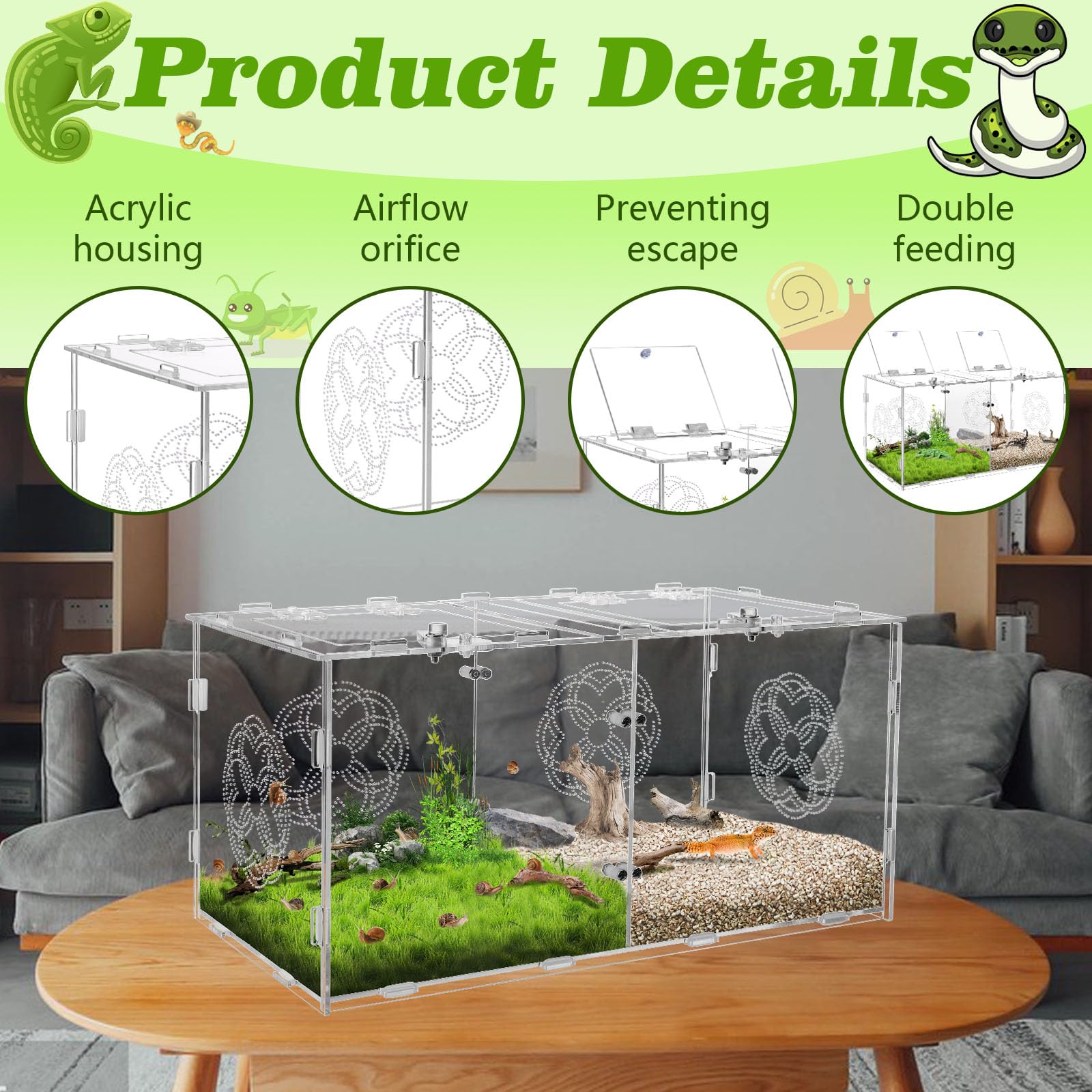 Acrylic Jumping Spider Enclosure With Double Compartments, Large Size,15.7 * 7.8 * 7.8 Inches, Reptile Terrarium Aquarium Breedi