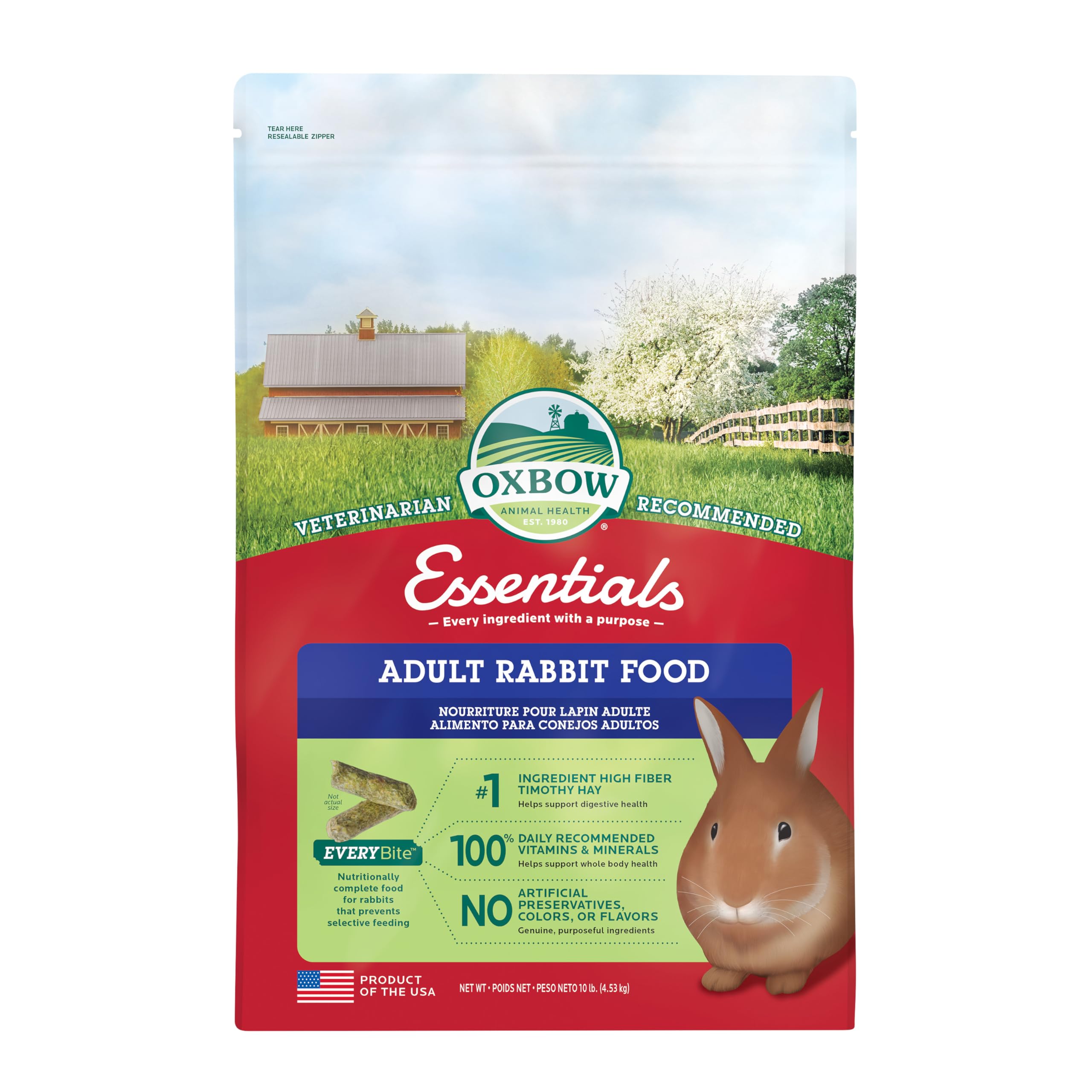 Oxbow Essentials Rabbit Food, Adult, Made with Oxbow Timothy Hay for Rabbit, Pet Pellets with Vitamins & Minerals, Small Animal 