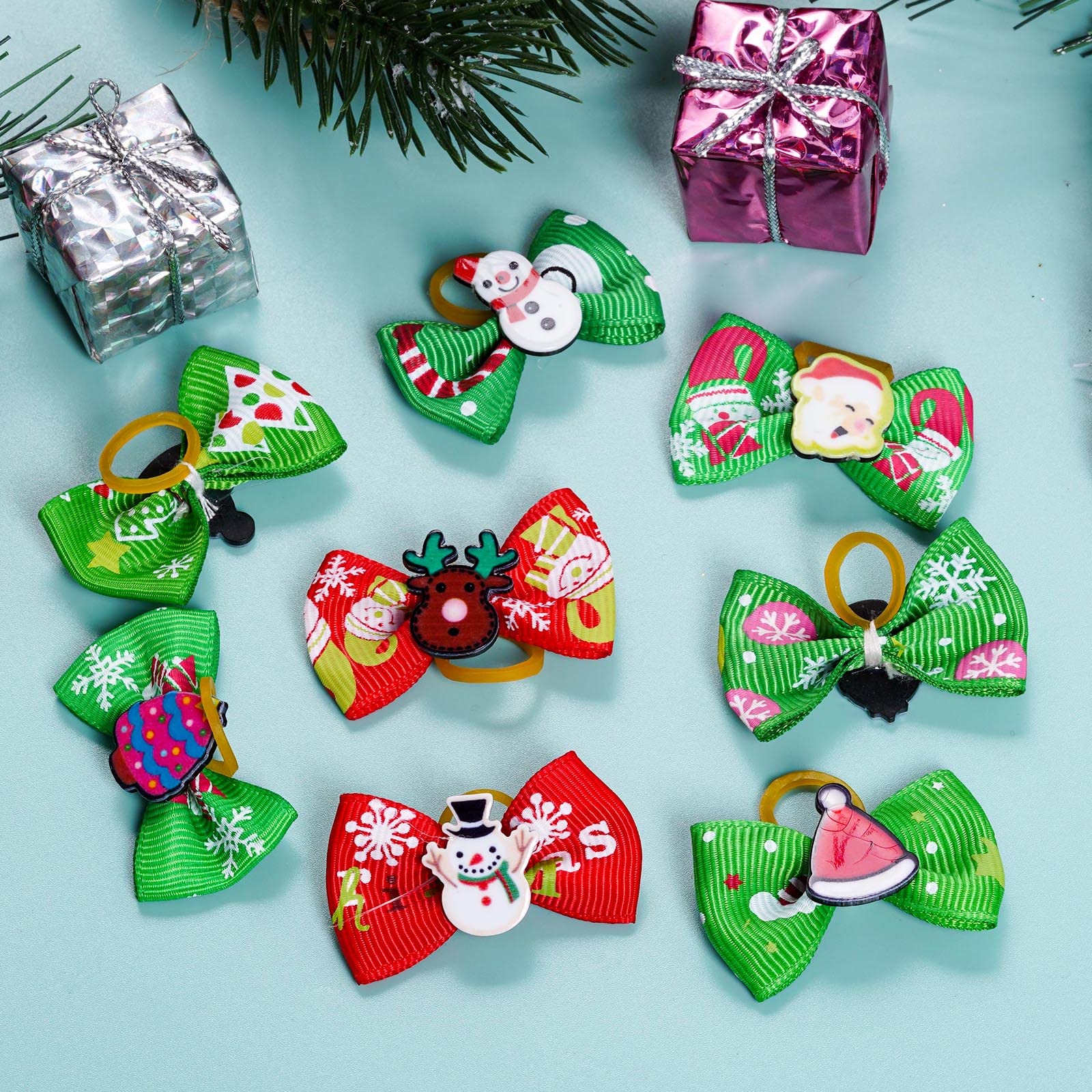 Tongcloud 20Pcs Pets Dog Hair Bows For Christmas With Rubber Bands Dog Bows Bowknot Snowman Christmas Dog Bows Snowman Dog Bows(Red And Green, Christmas Style)