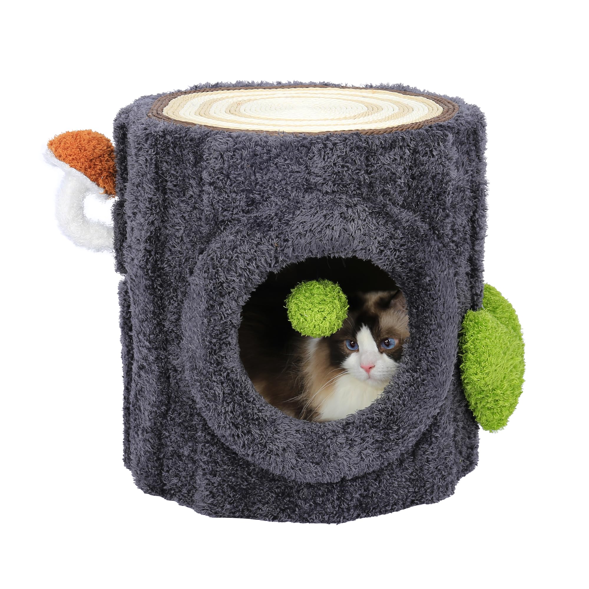 Nunu Cat House With Scratch Table & Soft Cushion, Luxury Wood Cat Condo With Scratching Post, Cat House With Hanging Ball Toy Fo